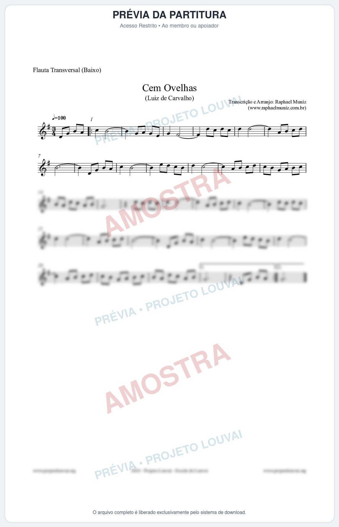 Prévia protegida da primeira página da partitura Partitura para Flauta Transversal (Baixo) - Cem Ovelhas - Luiz de Carvalho