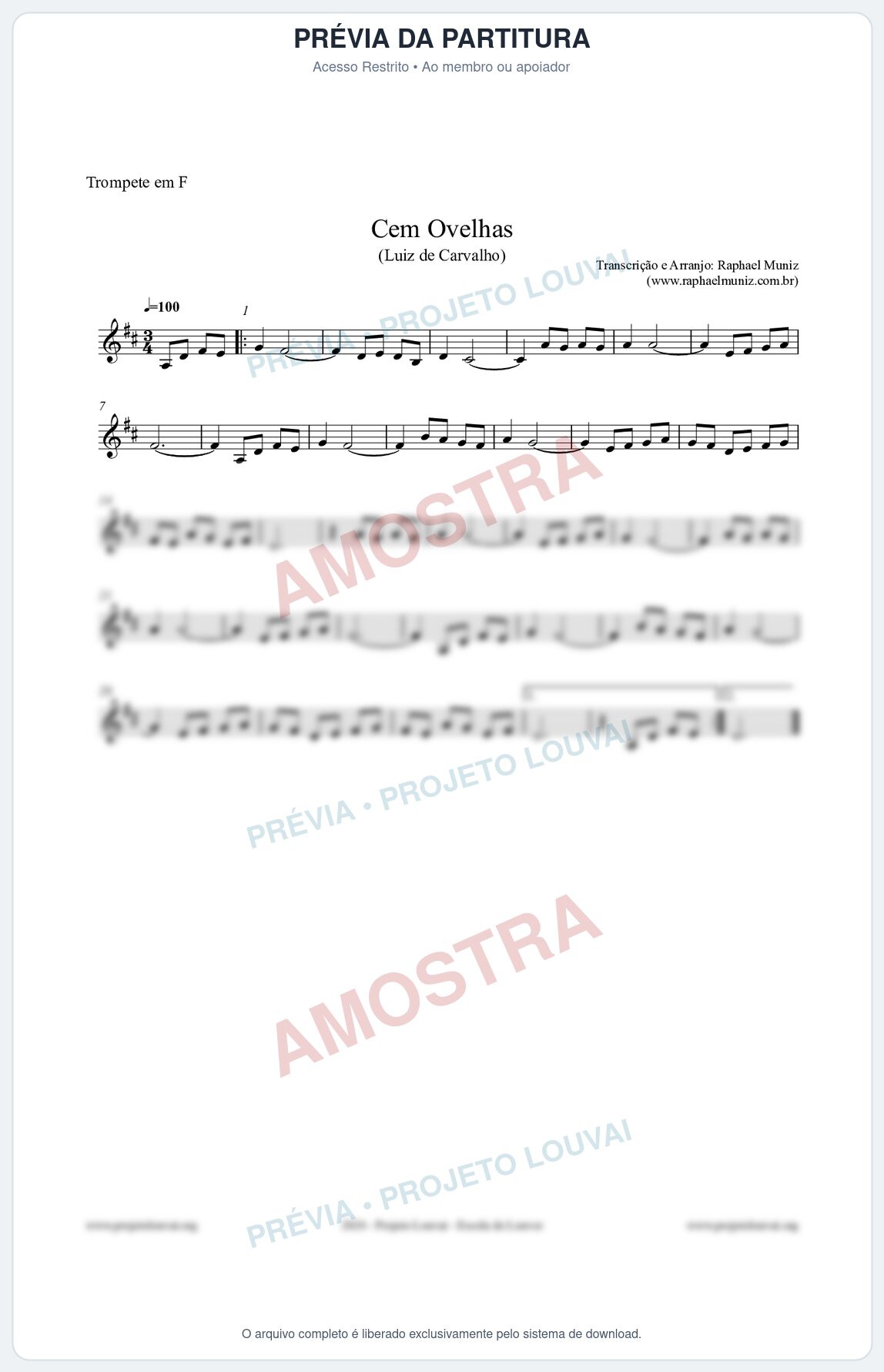 Prévia protegida da primeira página da partitura Partitura para Trompete em F - Cem Ovelhas - Luiz de Carvalho