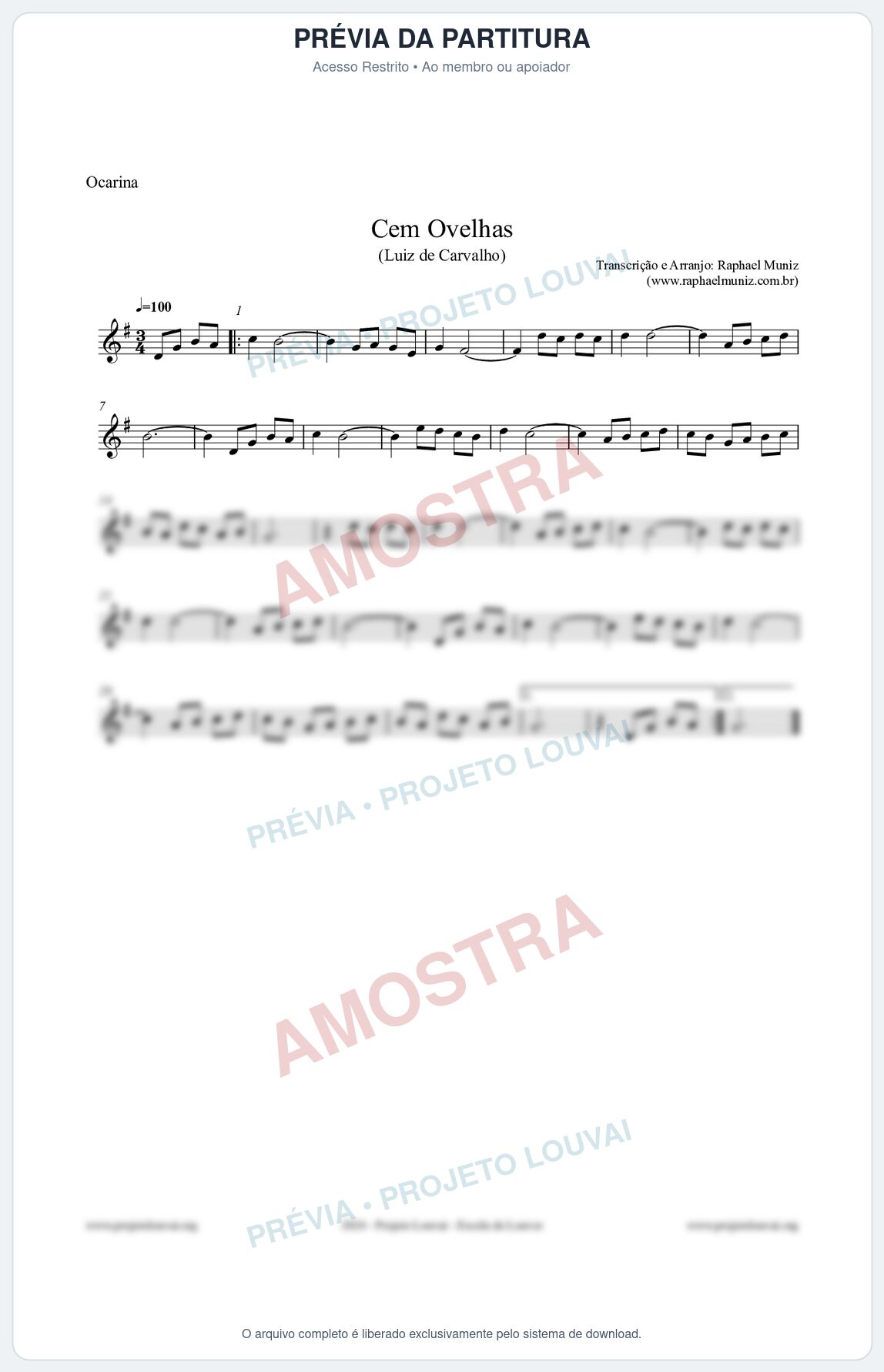 Prévia protegida da primeira página da partitura Partitura para Ocarina - Cem Ovelhas - Luiz de Carvalho