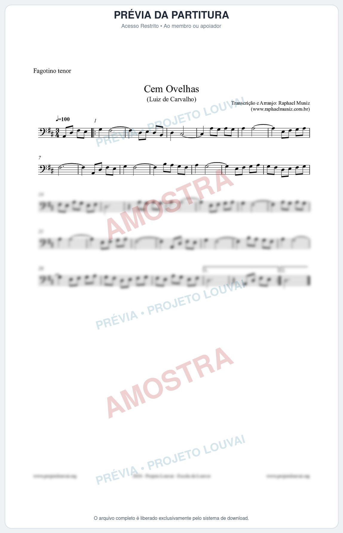 Prévia protegida da primeira página da partitura Partitura para Fagotino tenor - Cem Ovelhas - Luiz de Carvalho