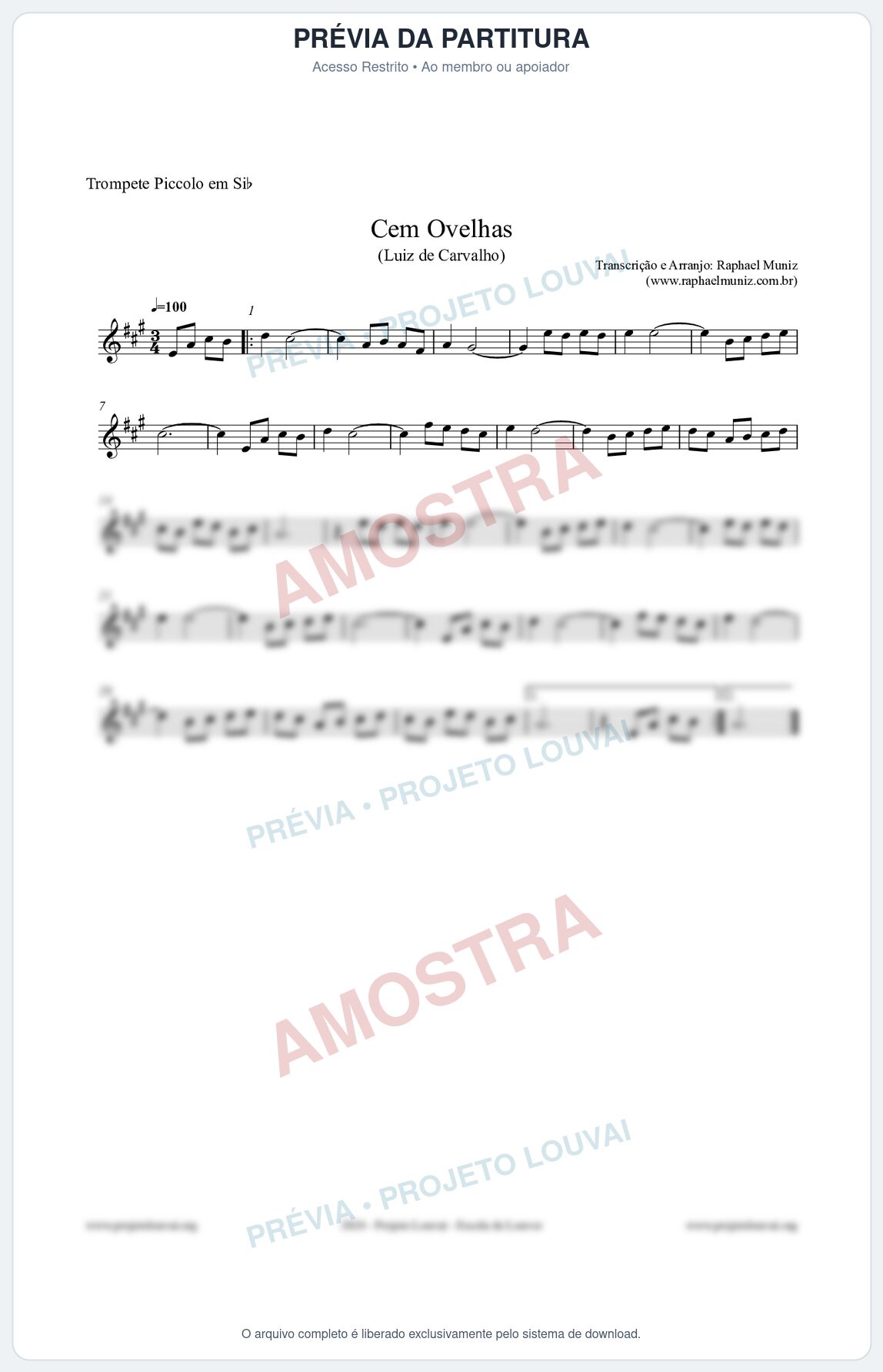 Prévia protegida da primeira página da partitura Partitura para Trompete Piccolo em Sib - Cem Ovelhas - Luiz de Carvalho