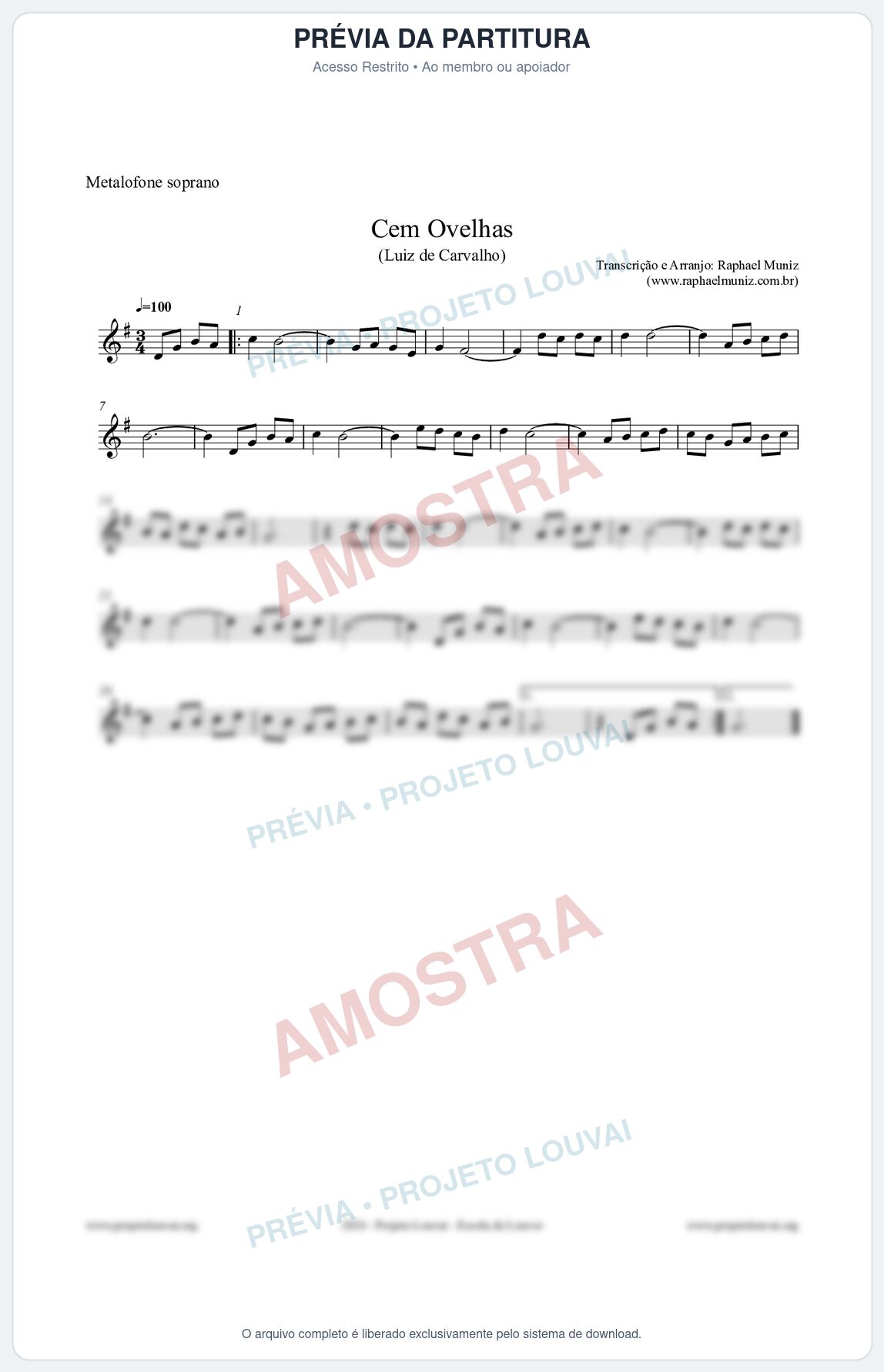 Prévia protegida da primeira página da partitura Partitura para Metalofone soprano - Cem Ovelhas - Luiz de Carvalho
