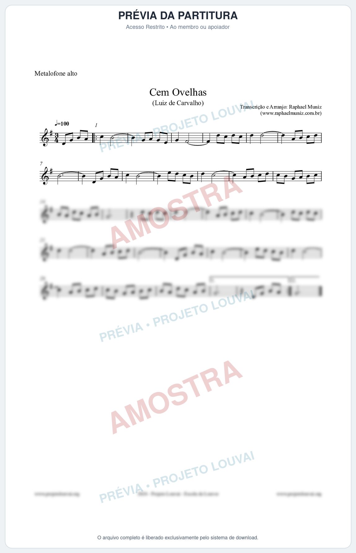 Prévia protegida da primeira página da partitura Partitura para Metalofone alto - Cem Ovelhas - Luiz de Carvalho