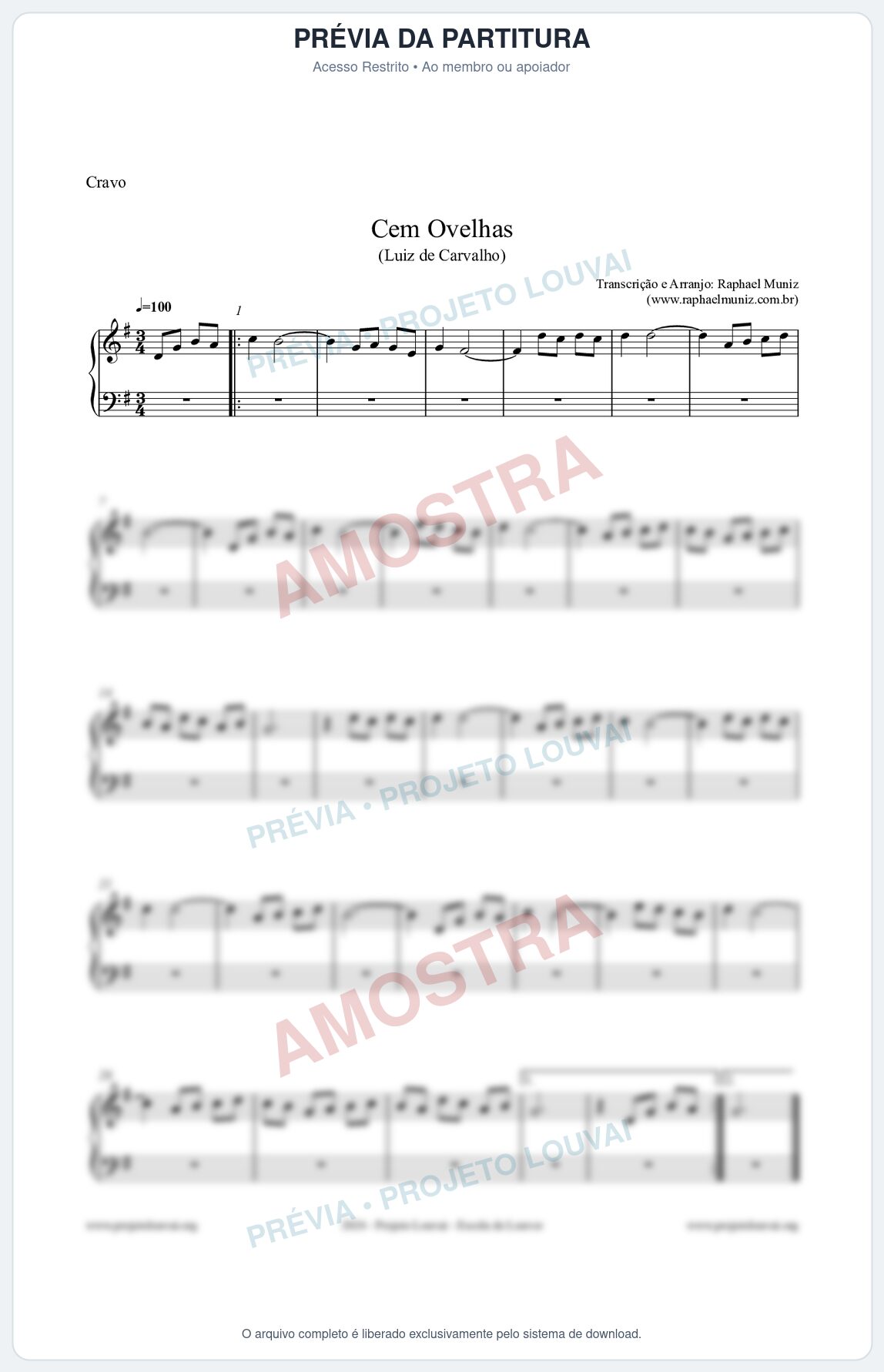 Prévia protegida da primeira página da partitura Partitura para Cravo - Cem Ovelhas - Luiz de Carvalho