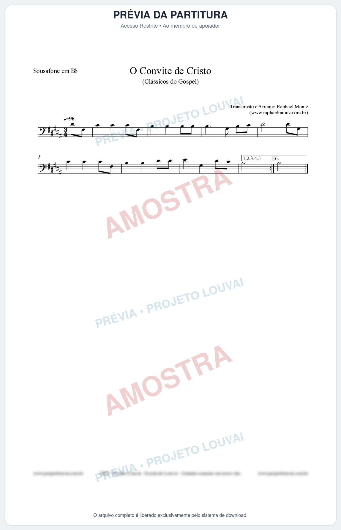 Prévia protegida da primeira página da partitura Partitura para Sousafone em Bb - O Convite de Cristo - Harpa Cristã nº19 - Clássicos do Gospel