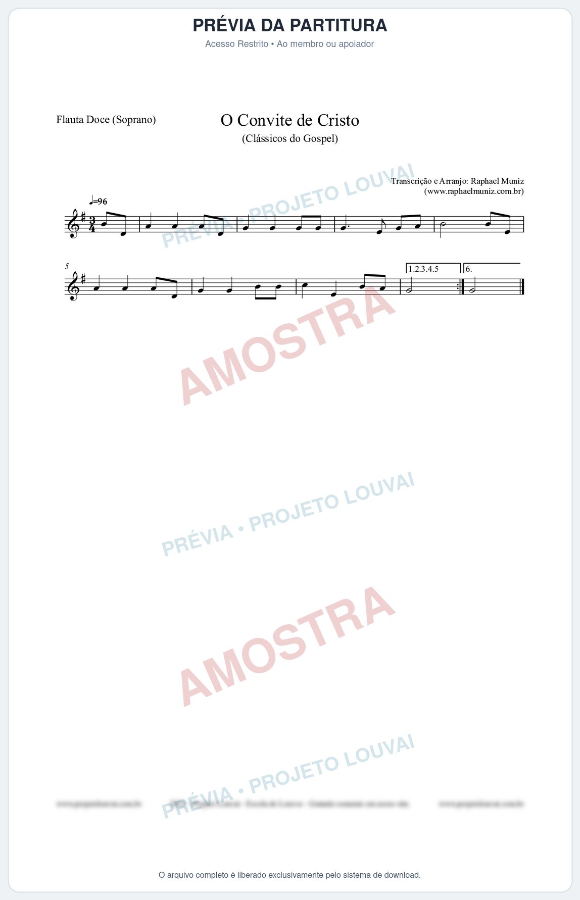 Prévia protegida da primeira página da partitura Partitura para Flauta Doce (Soprano) - O Convite de Cristo - Harpa Cristã nº19 - Clássicos do Gospel