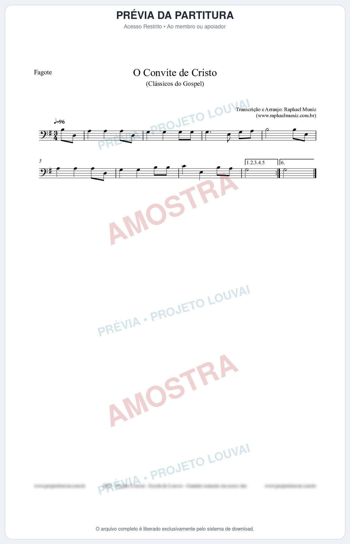 Prévia protegida da primeira página da partitura Partitura para Fagote - O Convite de Cristo - Harpa Cristã nº19 - Clássicos do Gospel