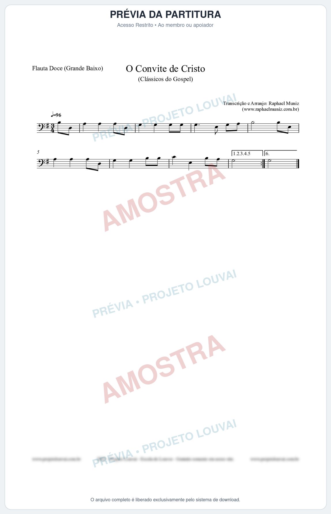 Prévia protegida da primeira página da partitura Partitura para Flauta Doce (Grande Baixo) - O Convite de Cristo - Harpa Cristã nº19 - Clássicos do Gospel