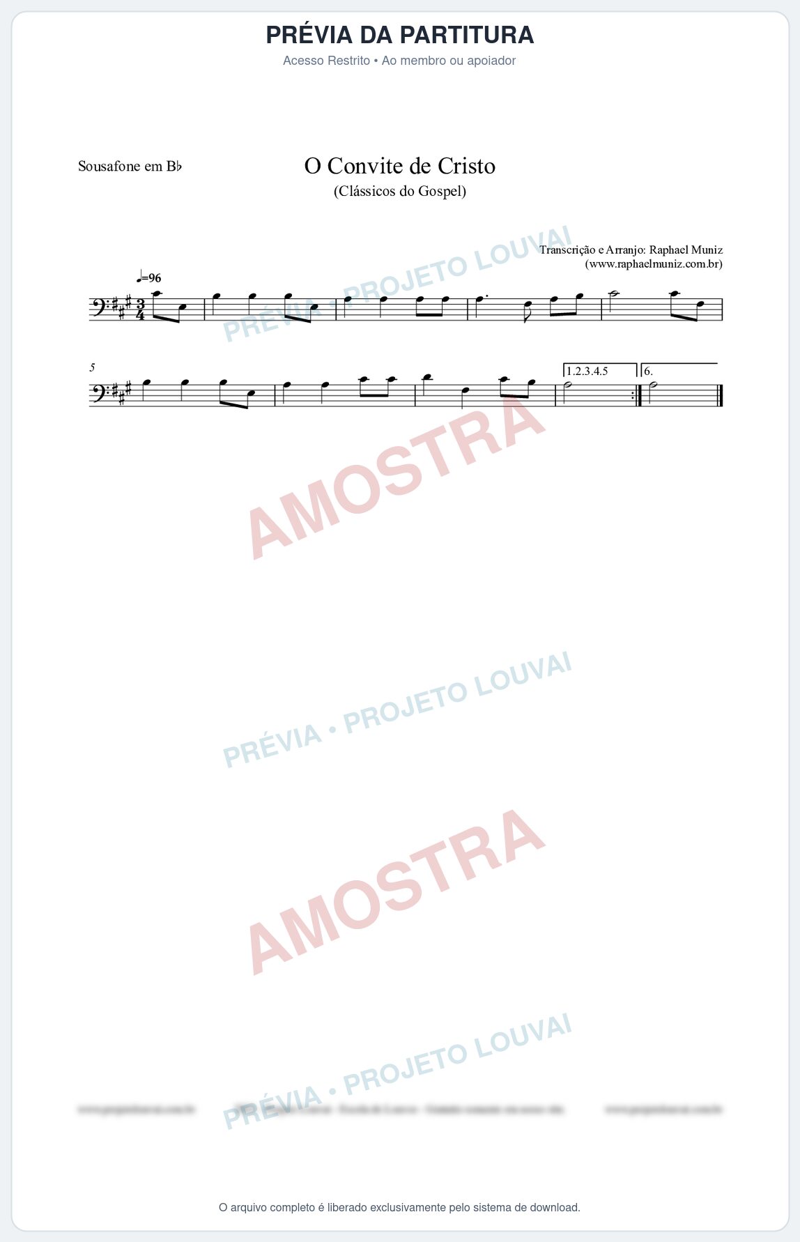 Prévia protegida da primeira página da partitura Partitura para Sousafone em Bb - O Convite de Cristo - Harpa Cristã nº19 - Clássicos do Gospel