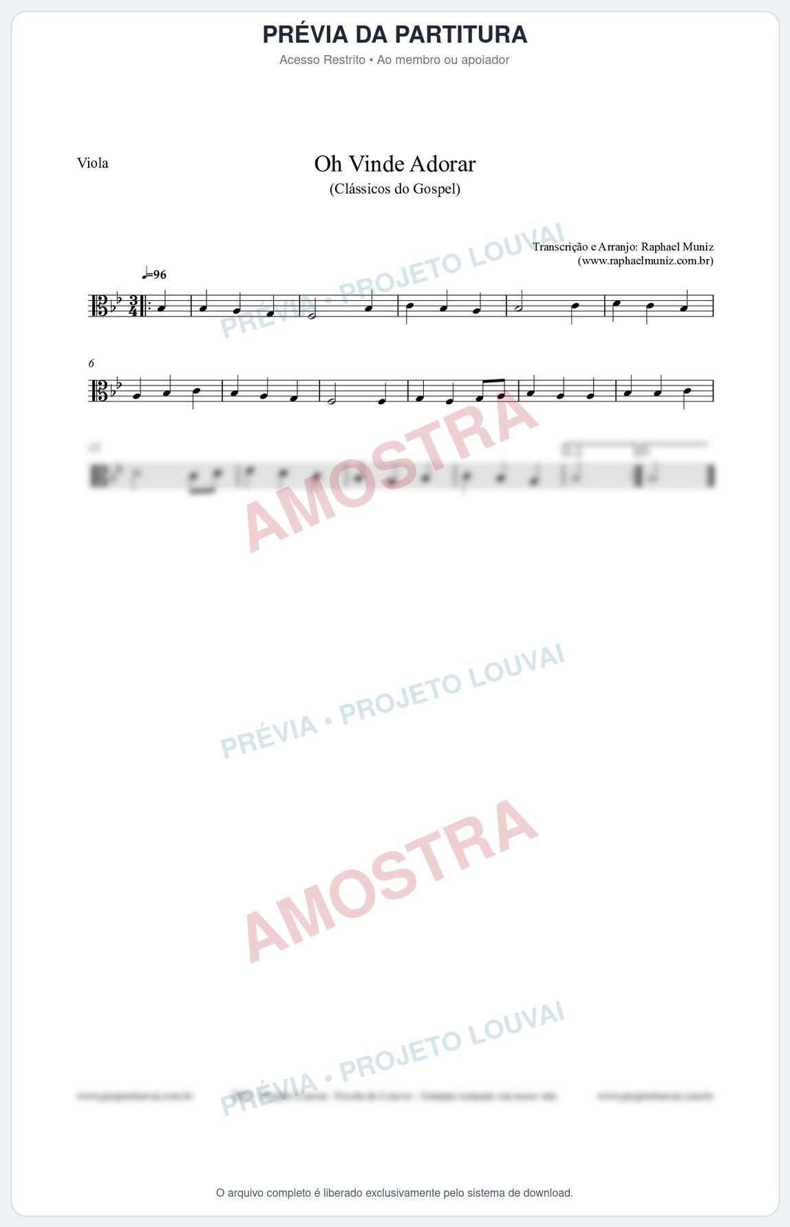 Prévia protegida da primeira página da partitura Partitura para Viola - Oh Vinde Adorar - HCC nº1 - Clássicos do Gospel