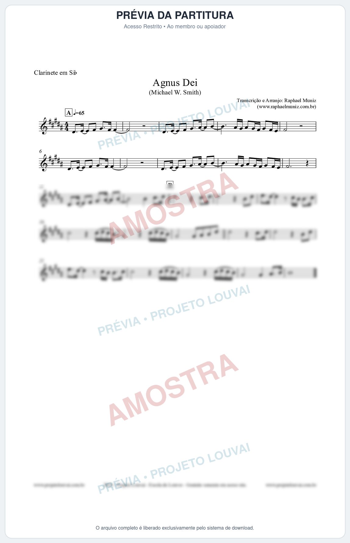 Prévia protegida da primeira página da partitura Partitura para Clarinete - Agnus Dei - Michael W. Smith