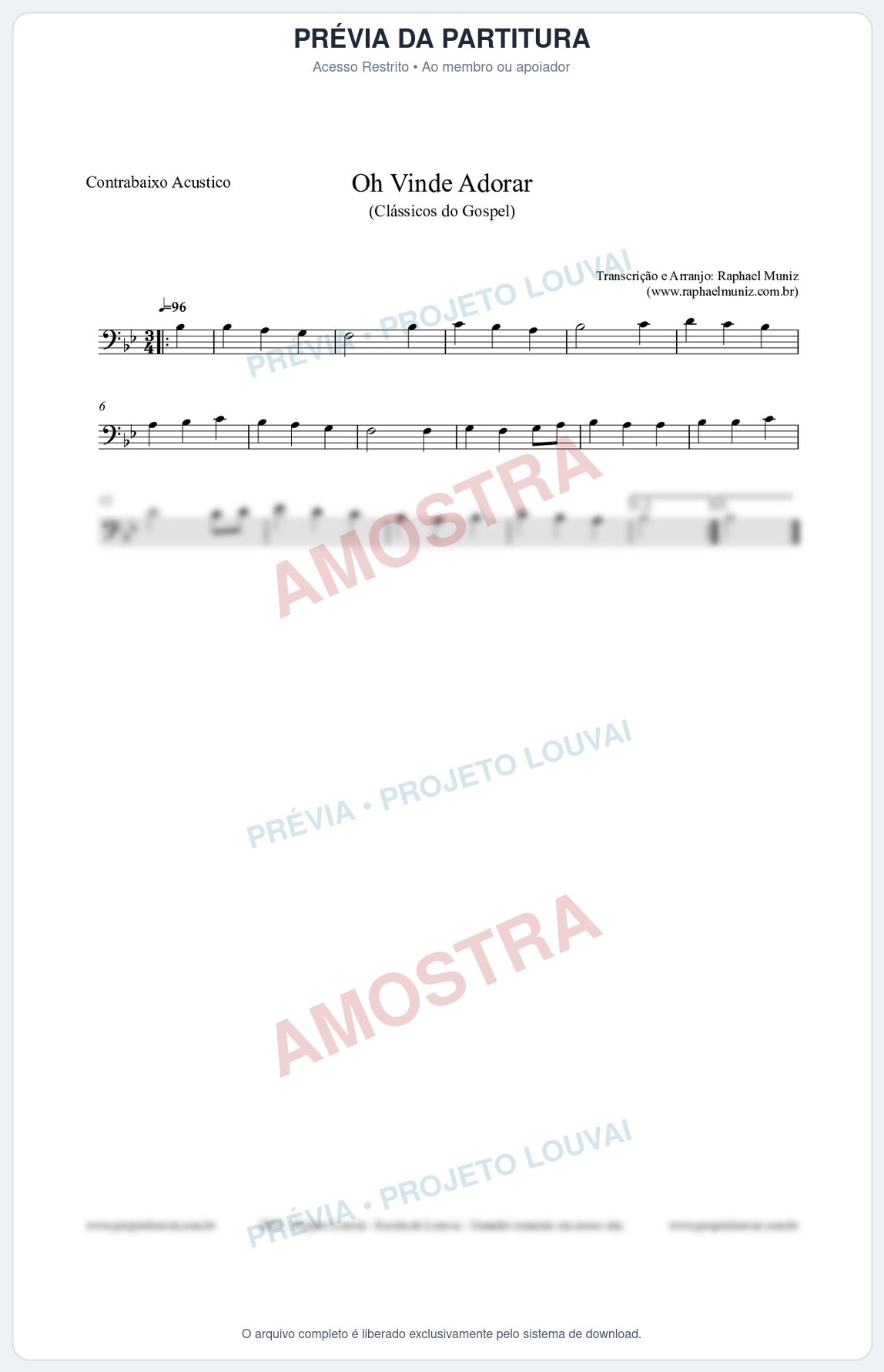 Prévia protegida da primeira página da partitura Partitura para Contrabaixo Acústico - Oh Vinde Adorar - HCC nº1 - Clássicos do Gospel