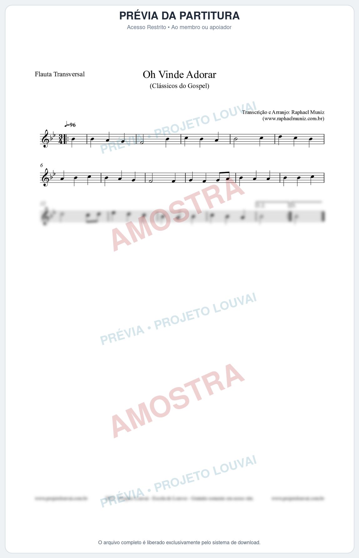 Prévia protegida da primeira página da partitura Partitura para Flauta Transversal - Oh Vinde Adorar - HCC nº1 - Clássicos do Gospel
