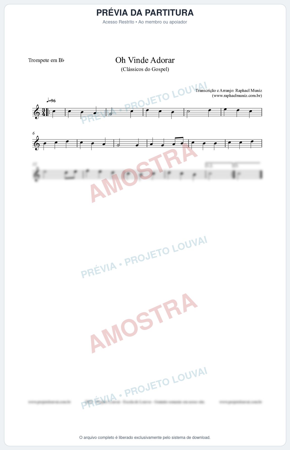 Prévia protegida da primeira página da partitura Partitura para Trompete em Bb - Oh Vinde Adorar - HCC nº1 - Clássicos do Gospel