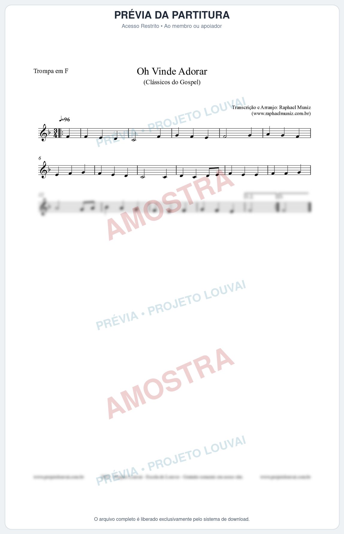 Prévia protegida da primeira página da partitura Partitura para Trompa em F - Oh Vinde Adorar - HCC nº1 - Clássicos do Gospel