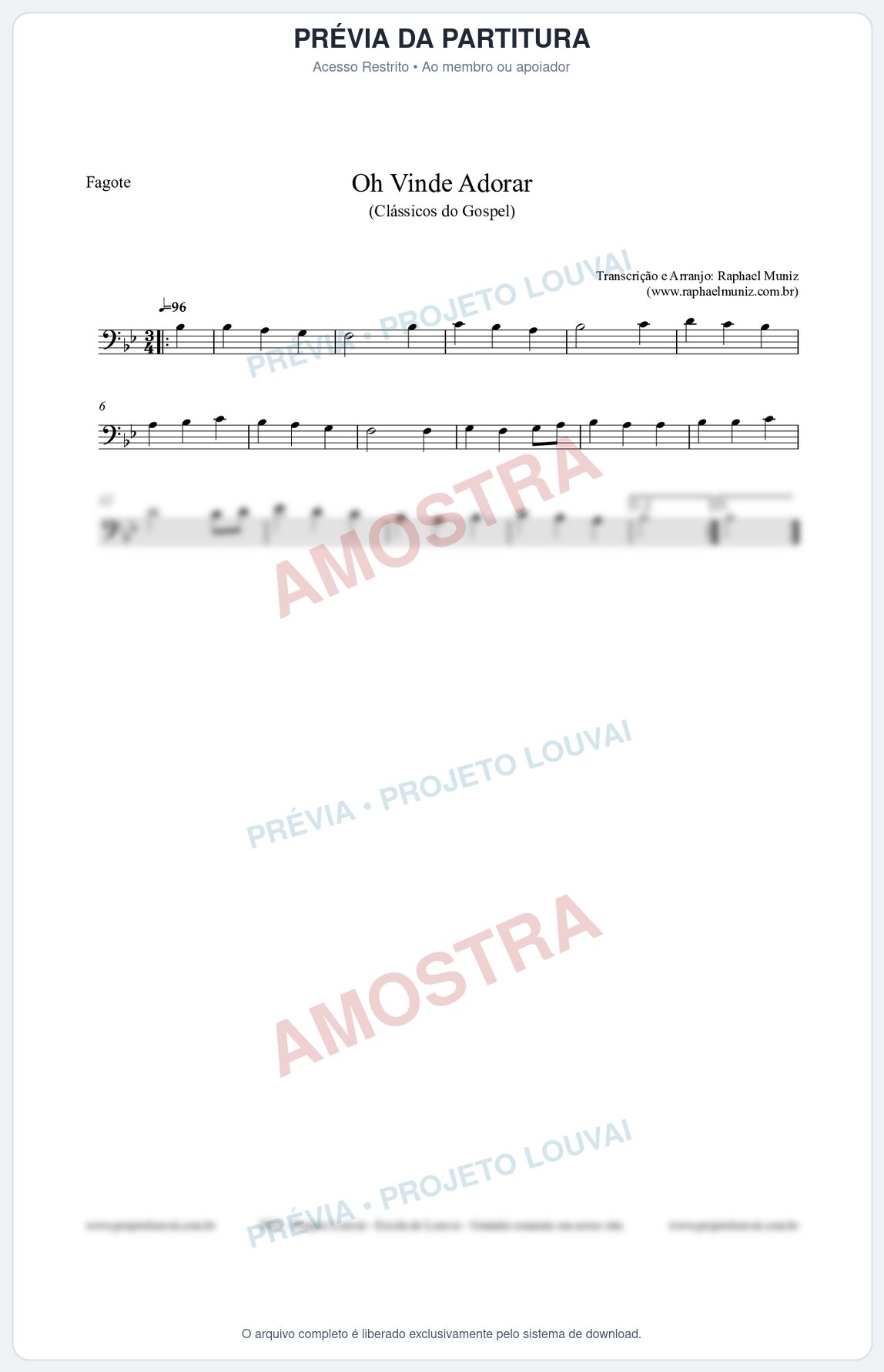 Prévia protegida da primeira página da partitura Partitura para Fagote - Oh Vinde Adorar - HCC nº1 - Clássicos do Gospel