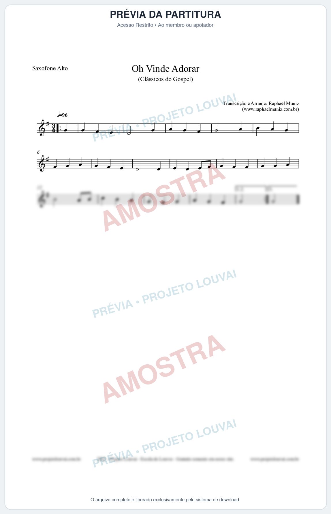 Prévia protegida da primeira página da partitura Partitura para Saxofone Alto - Oh Vinde Adorar - HCC nº1 - Clássicos do Gospel