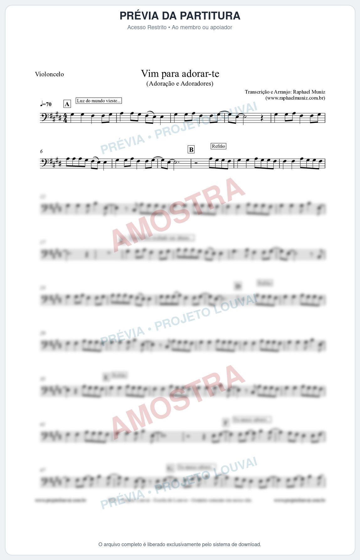 Prévia protegida da primeira página da partitura Partitura para Violoncelo - Vim Para Adorar-te - Adoração e Adoradores