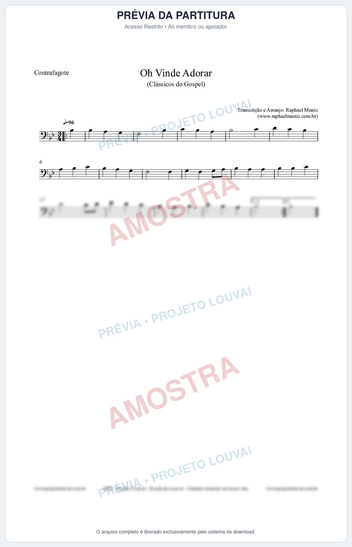 Prévia protegida da primeira página da partitura Partitura para Contrafagote - Oh Vinde Adorar - HCC nº1 - Clássicos do Gospel