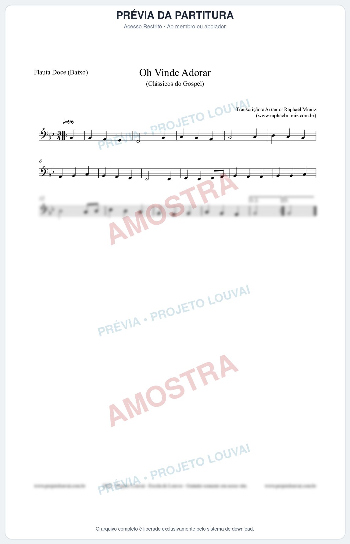 Prévia protegida da primeira página da partitura Partitura para Flauta Doce (Baixo) - Oh Vinde Adorar - HCC nº1 - Clássicos do Gospel