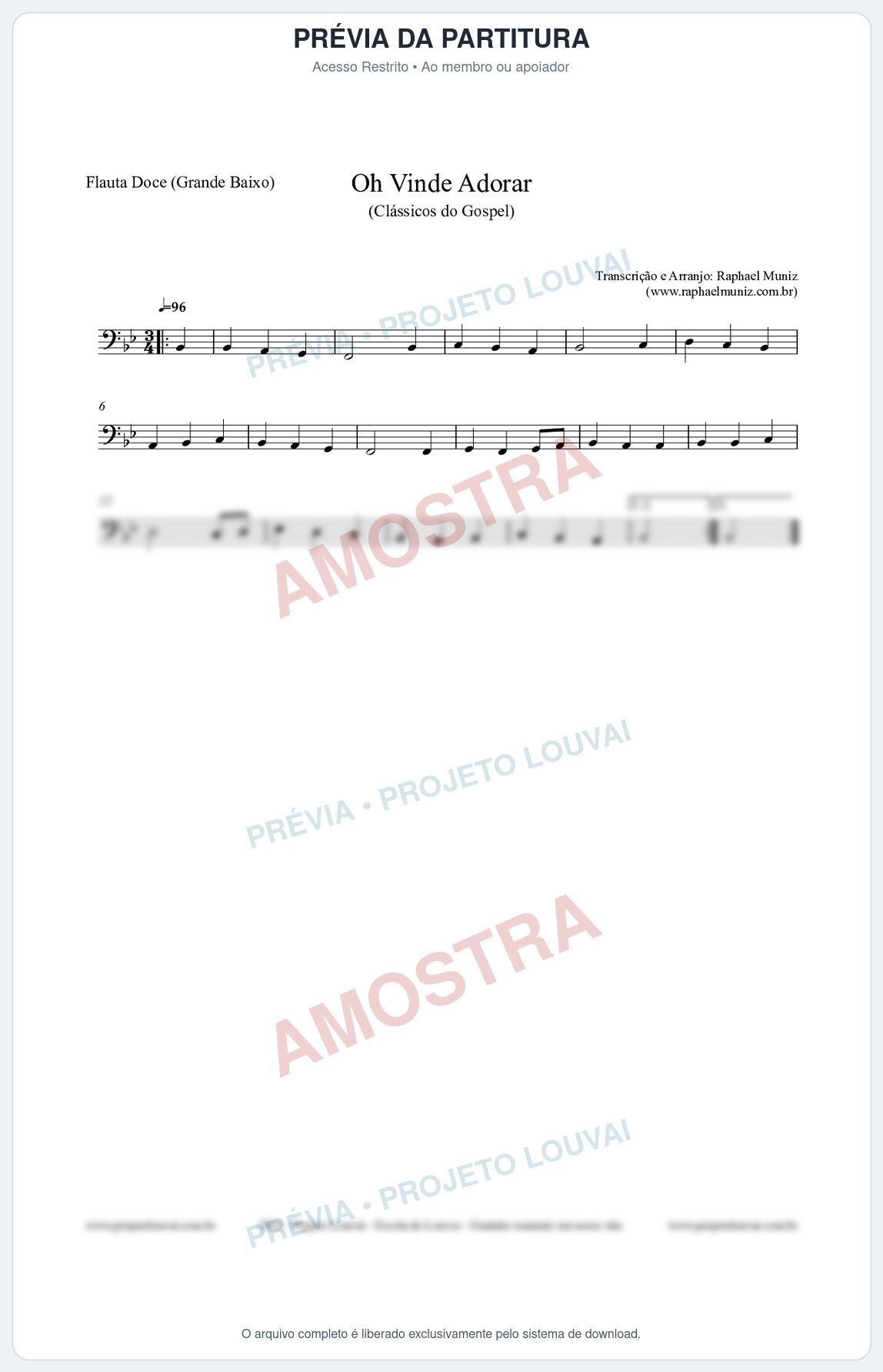 Prévia protegida da primeira página da partitura Partitura para Flauta Doce (Grande Baixo) - Oh Vinde Adorar - HCC nº1 - Clássicos do Gospel