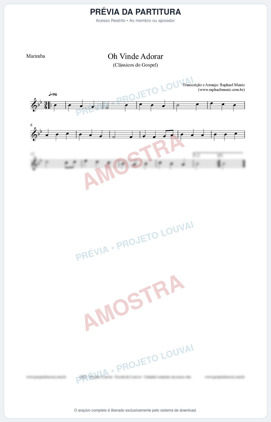 Prévia protegida da primeira página da partitura Partitura para Marimba - Oh Vinde Adorar - HCC nº1 - Clássicos do Gospel