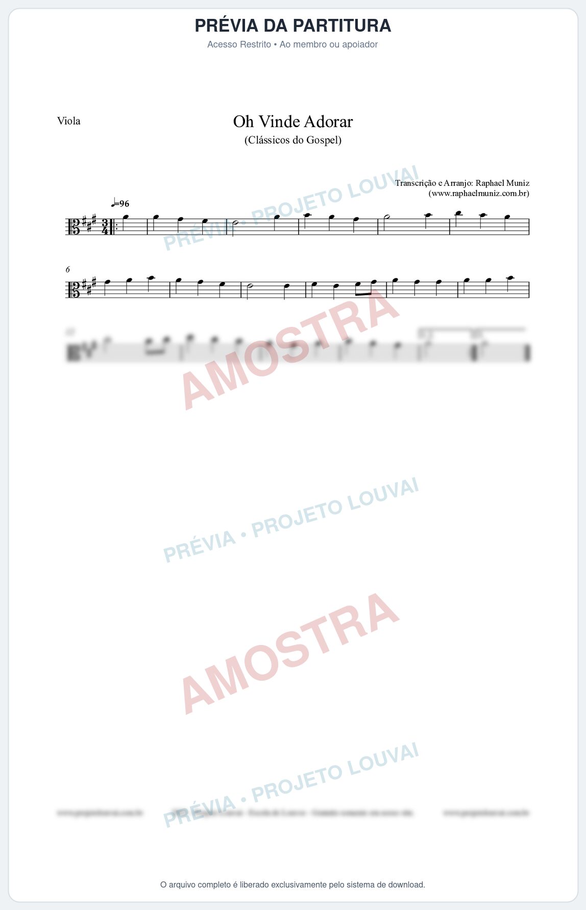 Prévia protegida da primeira página da partitura Partitura para Viola - Oh Vinde Adorar - HCC nº1 - Clássicos do Gospel