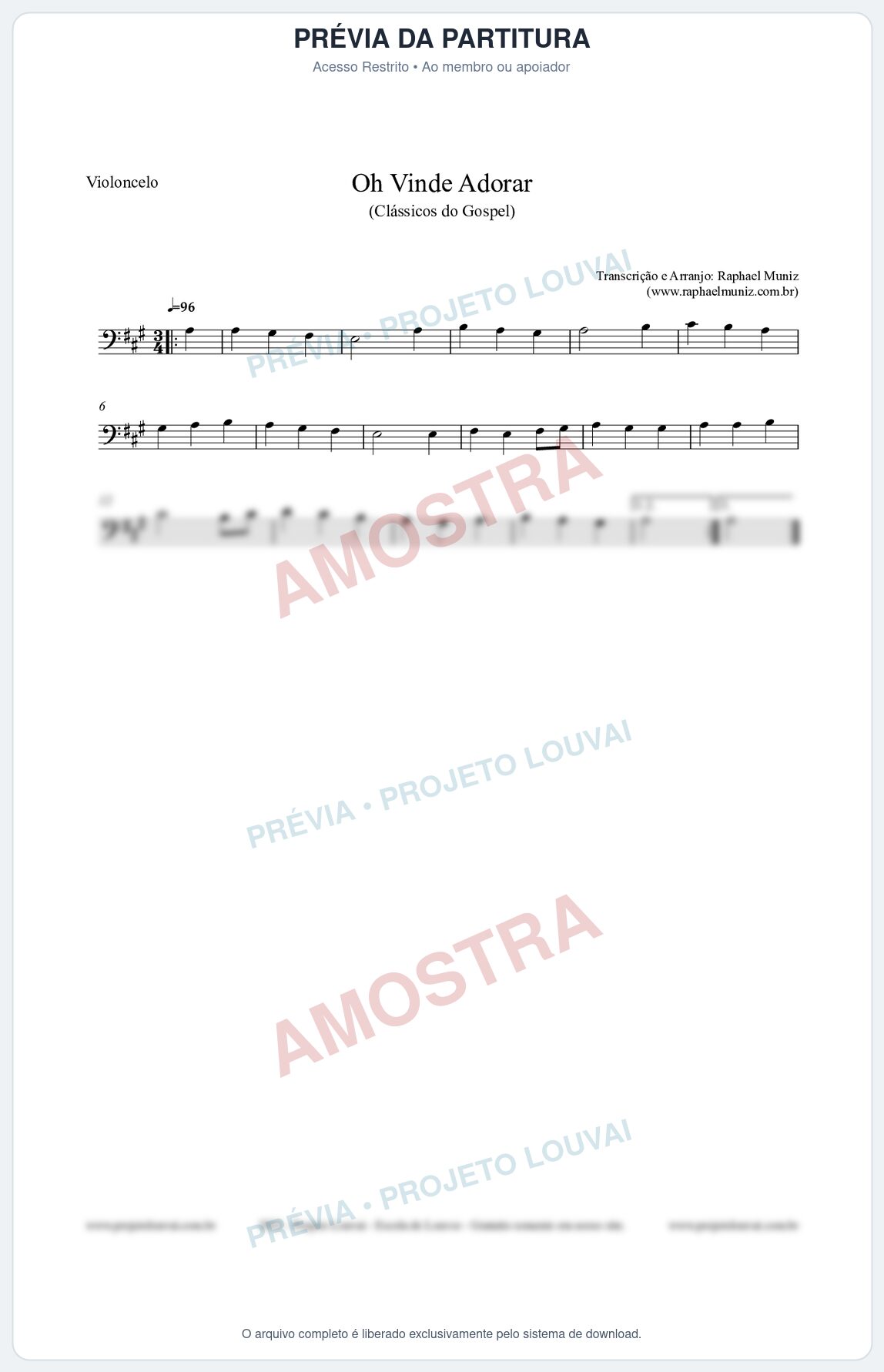 Prévia protegida da primeira página da partitura Partitura para Violoncelo - Oh Vinde Adorar - HCC nº1 - Clássicos do Gospel