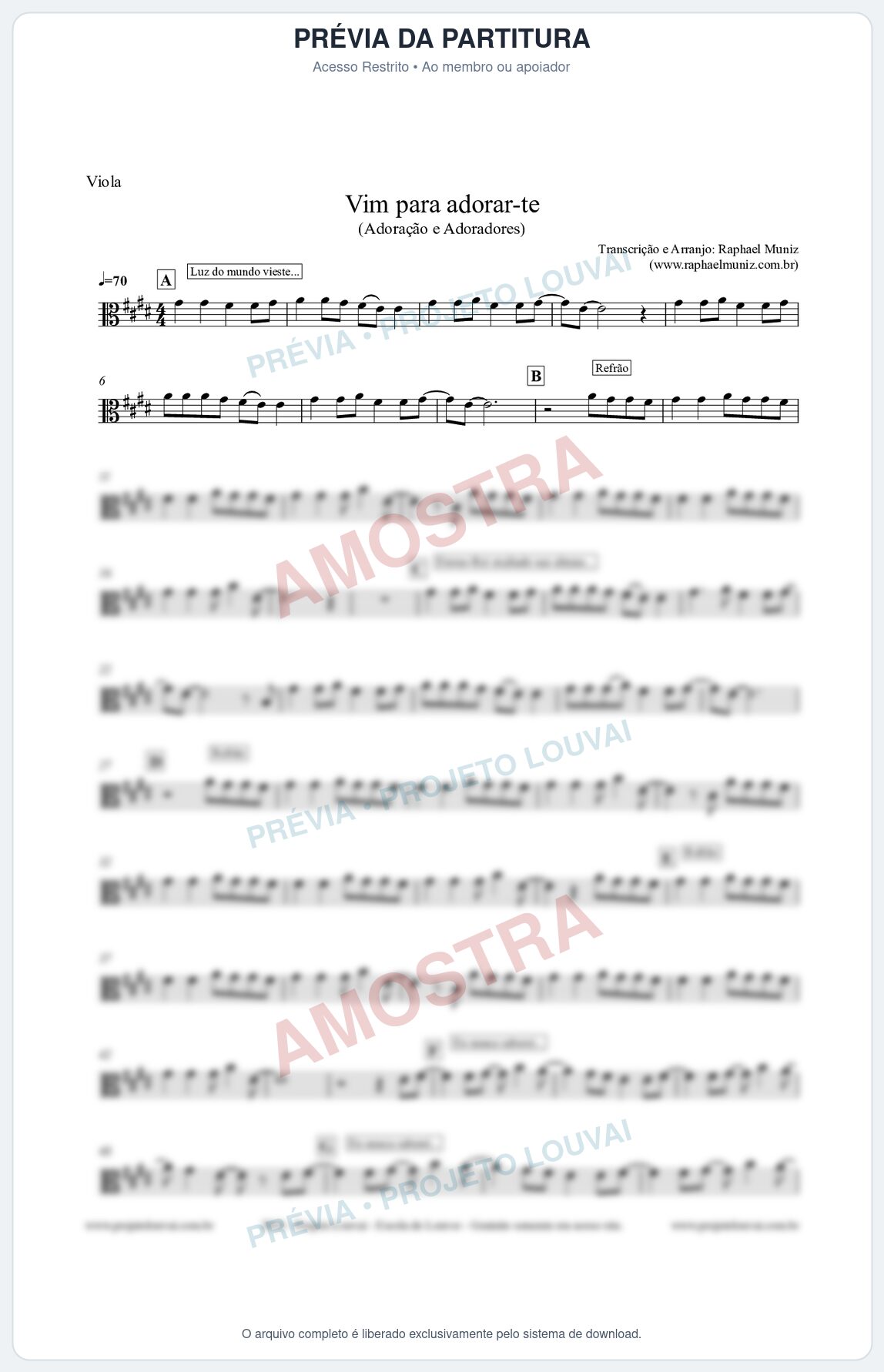 Prévia protegida da primeira página da partitura Partitura para Viola - Vim Para Adorar-te - Adoração e Adoradores