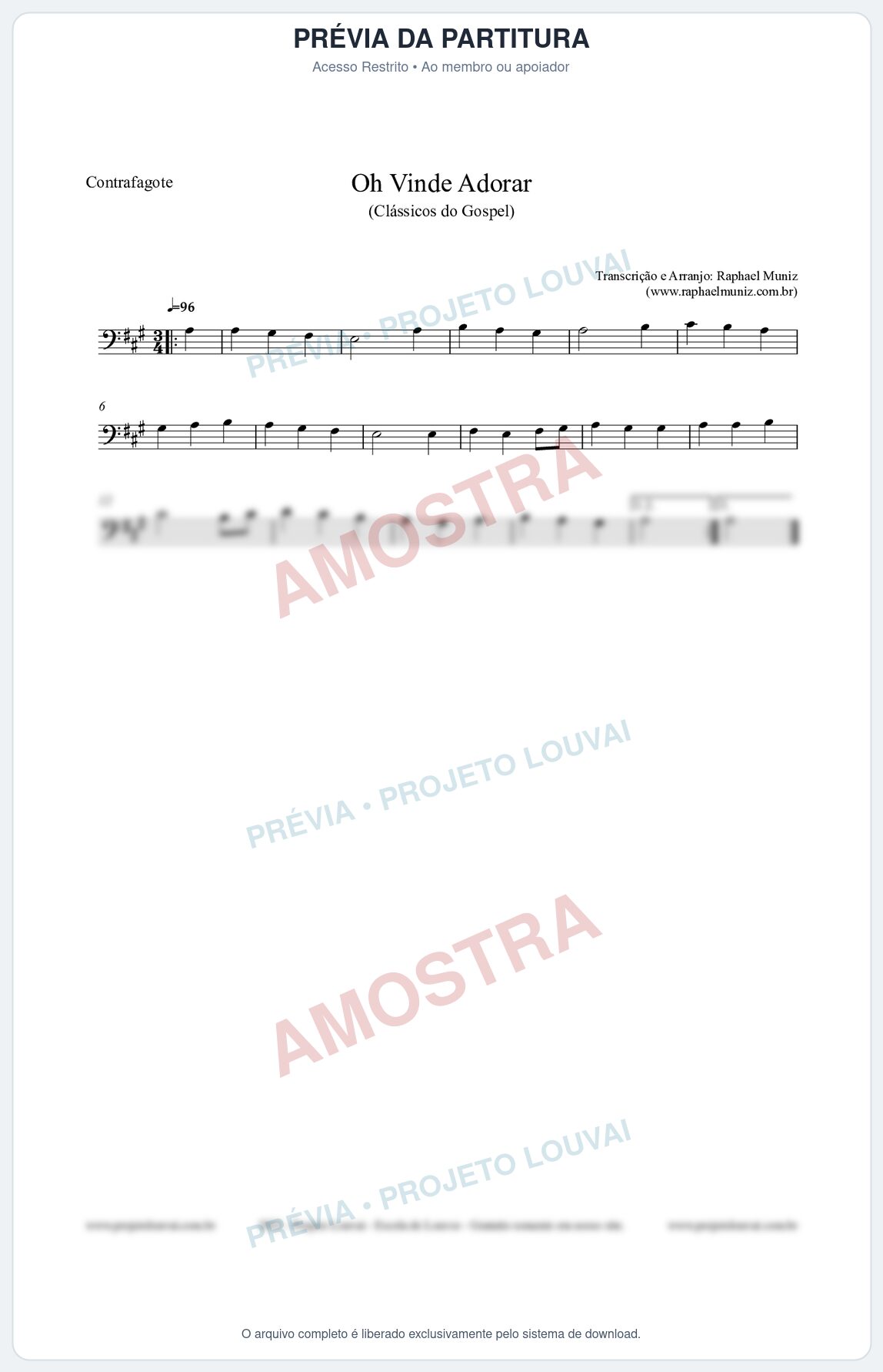 Prévia protegida da primeira página da partitura Partitura para Contrafagote - Oh Vinde Adorar - HCC nº1 - Clássicos do Gospel
