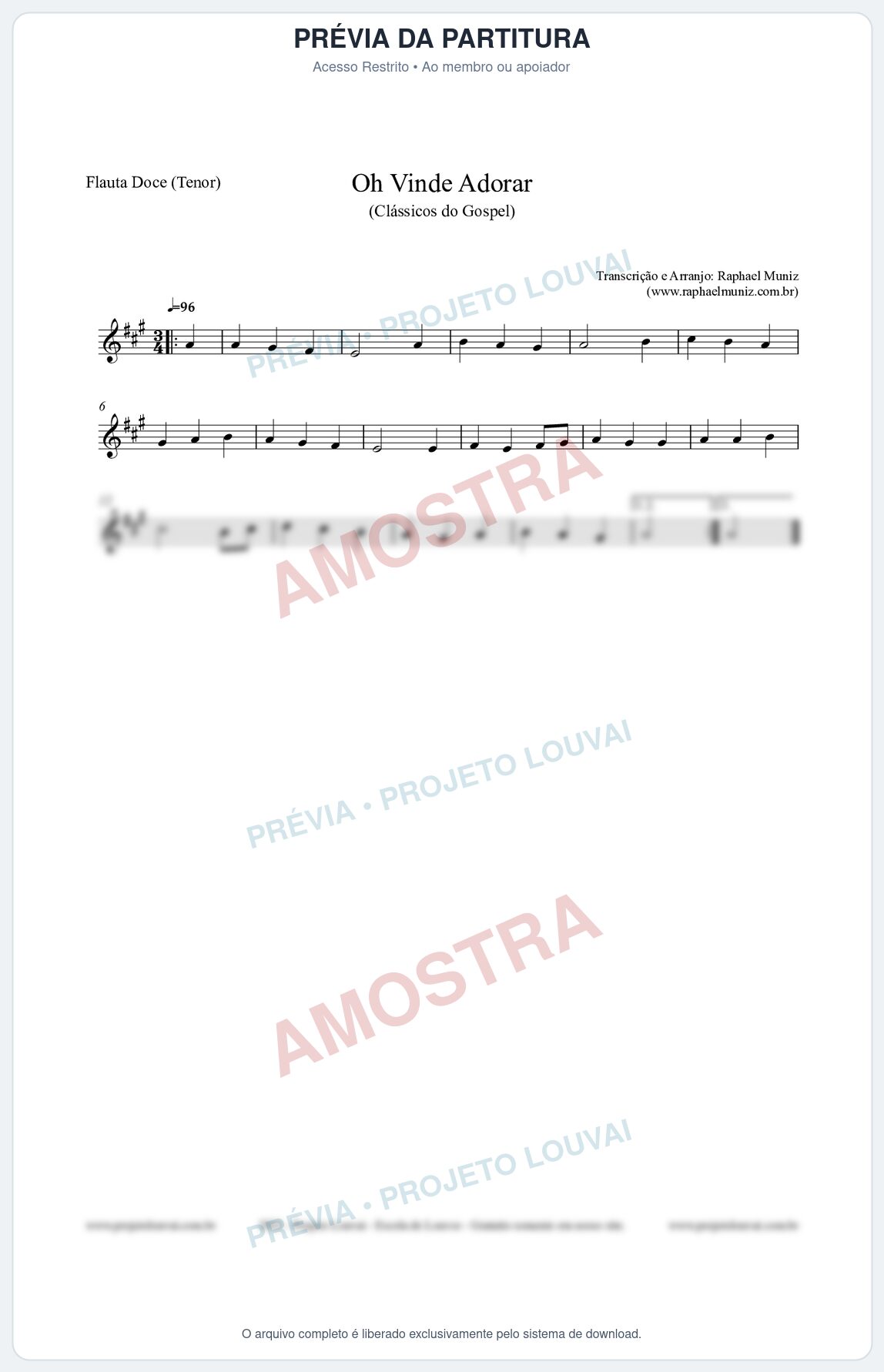 Prévia protegida da primeira página da partitura Partitura para Flauta Doce (Tenor) - Oh Vinde Adorar - HCC nº1 - Clássicos do Gospel