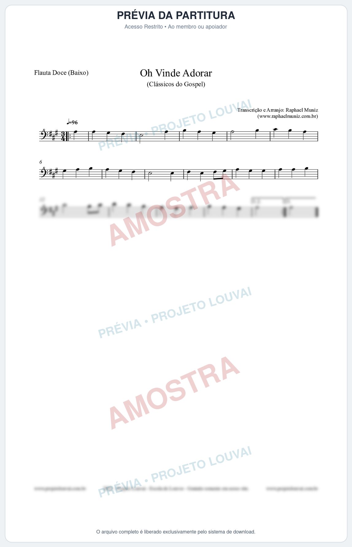 Prévia protegida da primeira página da partitura Partitura para Flauta Doce (Baixo) - Oh Vinde Adorar - HCC nº1 - Clássicos do Gospel