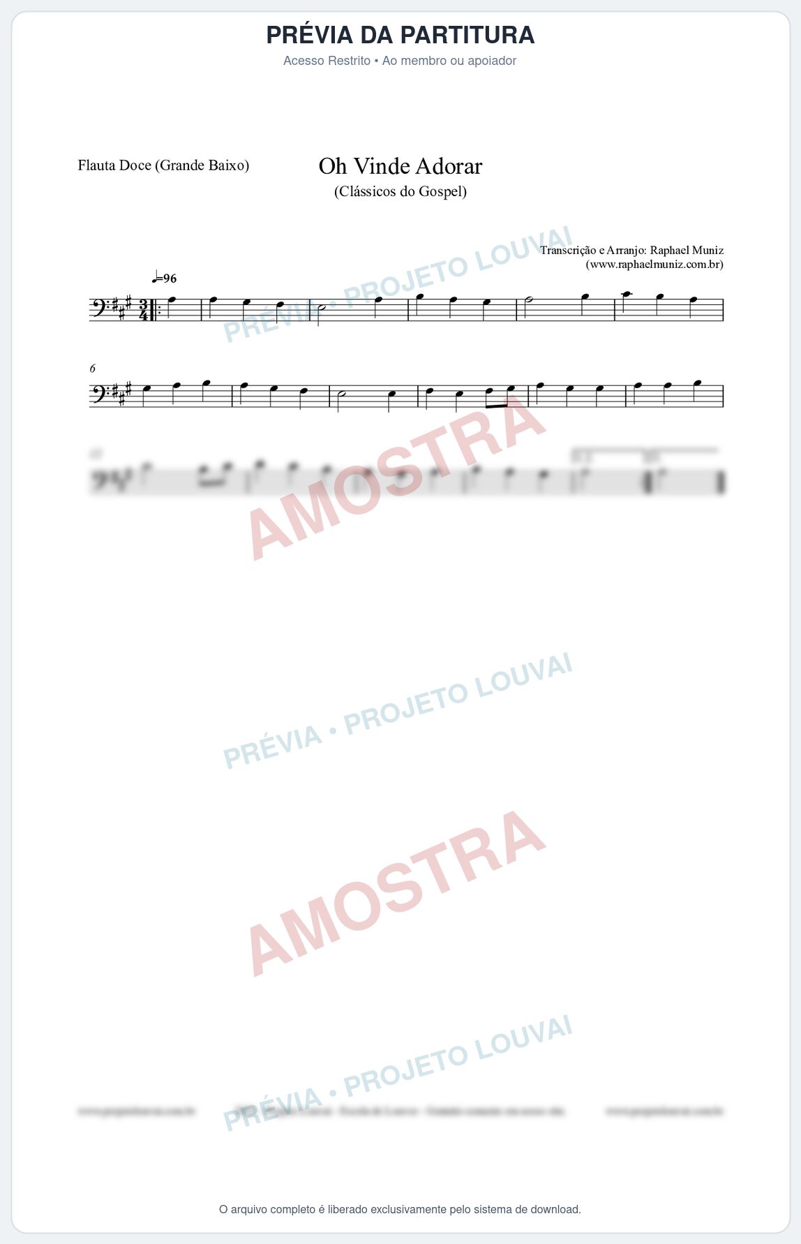 Prévia protegida da primeira página da partitura Partitura para Flauta Doce (Grande Baixo) - Oh Vinde Adorar - HCC nº1 - Clássicos do Gospel