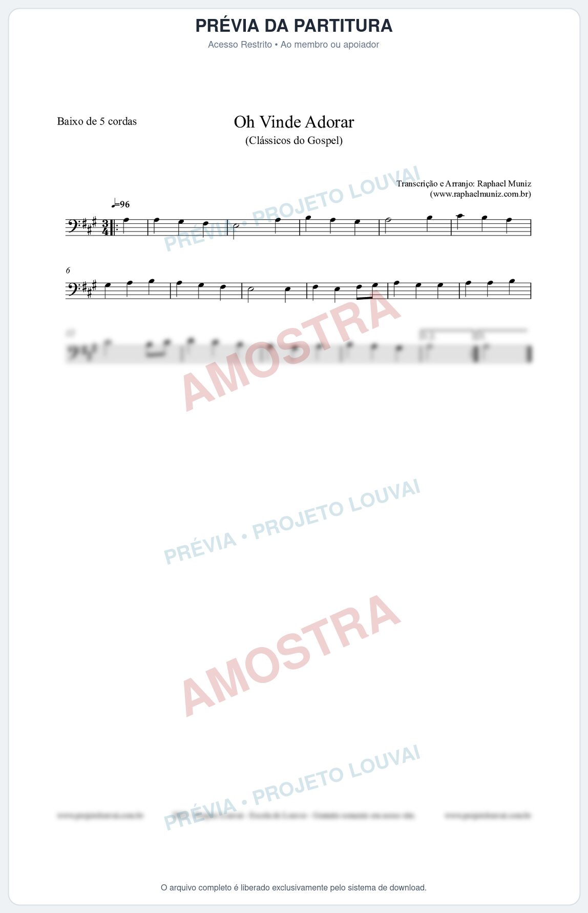 Prévia protegida da primeira página da partitura Partitura para Baixo de 5 cordas - Oh Vinde Adorar - HCC nº1 - Clássicos do Gospel