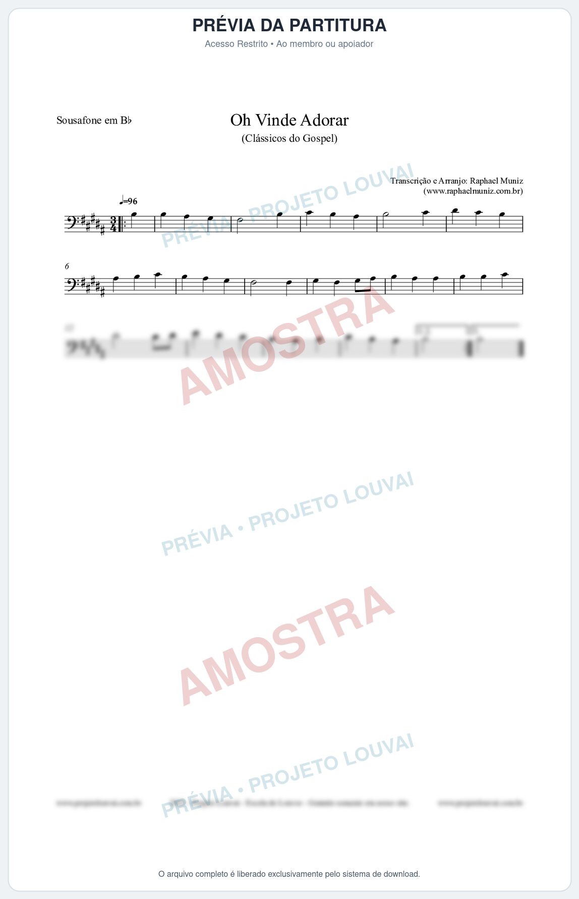 Prévia protegida da primeira página da partitura Partitura para Sousafone em Bb - Oh Vinde Adorar - HCC nº1 - Clássicos do Gospel