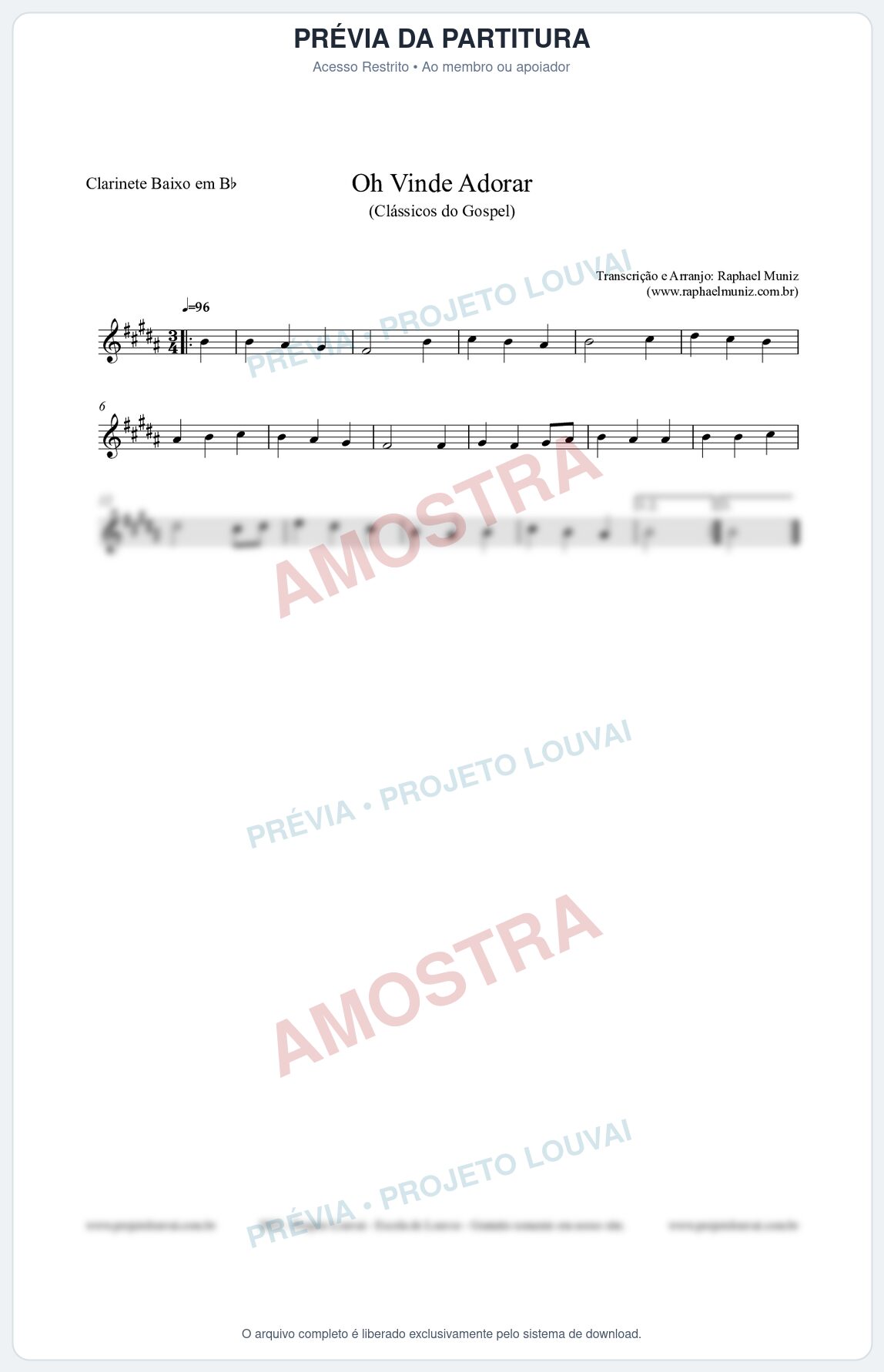 Prévia protegida da primeira página da partitura Partitura para Clarinete Baixo em Bb - Oh Vinde Adorar - HCC nº1 - Clássicos do Gospel