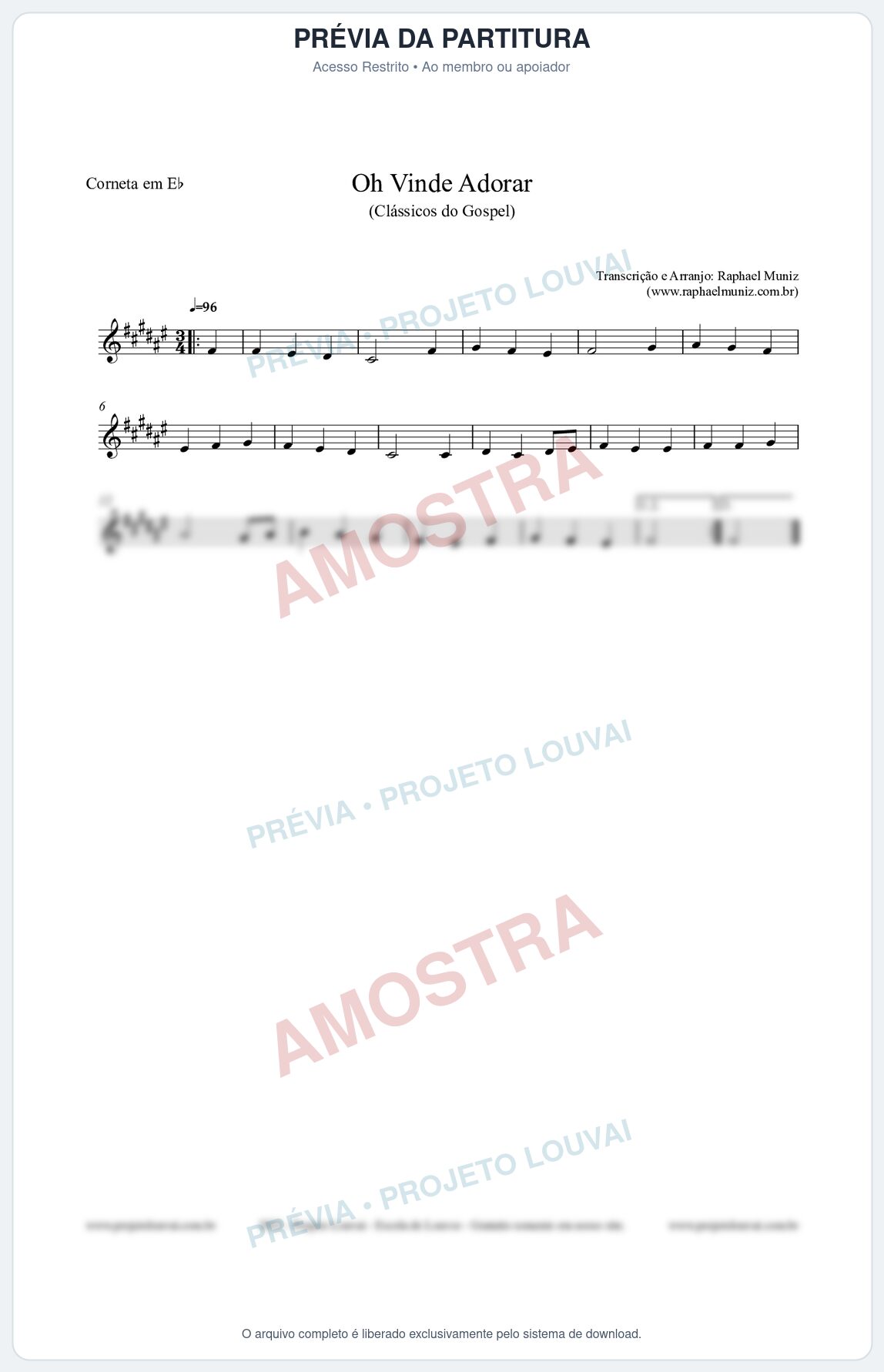 Prévia protegida da primeira página da partitura Partitura para Corneta em Eb - Oh Vinde Adorar - HCC nº1 - Clássicos do Gospel