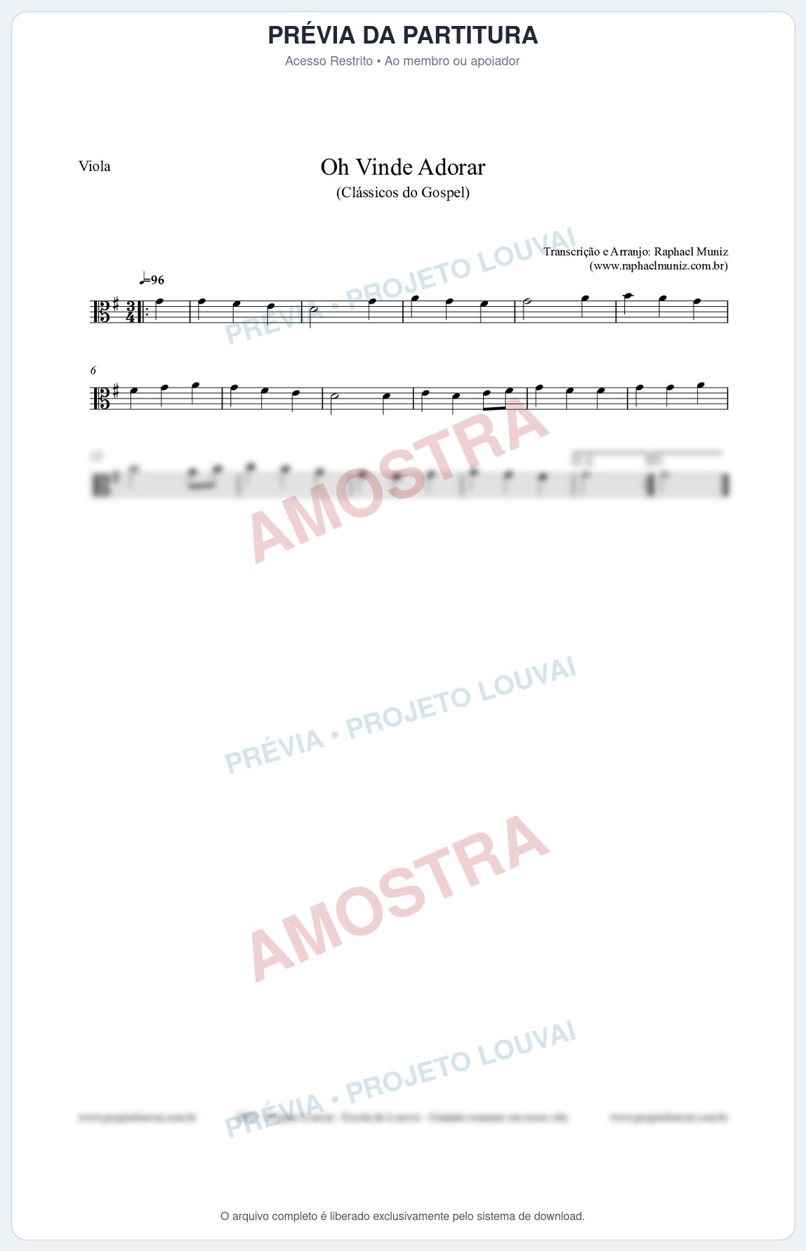 Prévia protegida da primeira página da partitura Partitura para Viola - Oh Vinde Adorar - HCC nº1 - Clássicos do Gospel