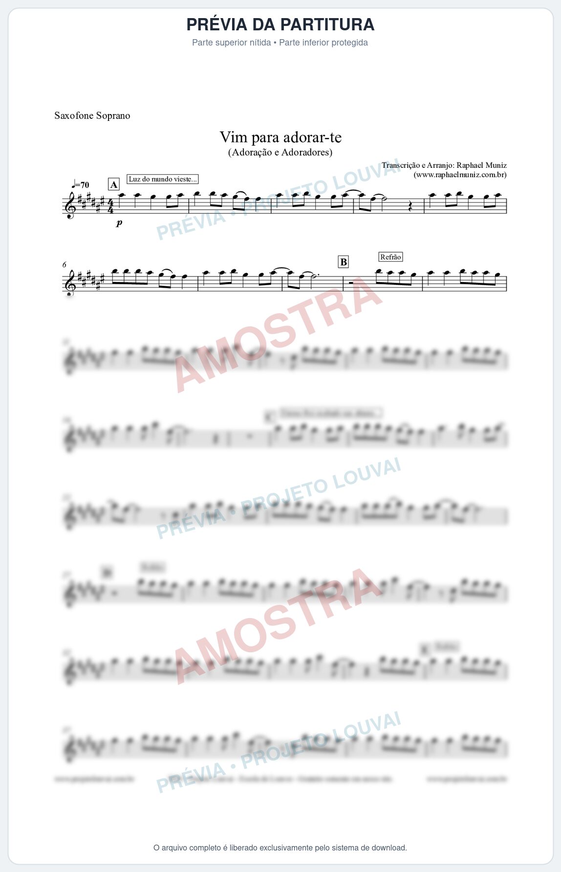 Prévia protegida da primeira página da partitura Partitura para Sax Soprano - Vim Para Adorar-te - Adoração e Adoradores