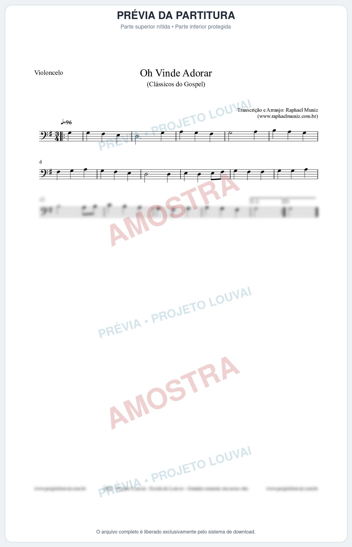 Prévia protegida da primeira página da partitura Partitura para Violoncelo - Oh Vinde Adorar - HCC nº1 - Clássicos do Gospel