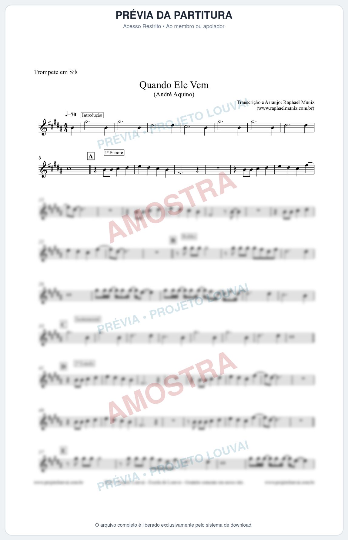 Prévia protegida da primeira página da partitura Partitura para Trompete - Quando Ele Vem - André Aquino