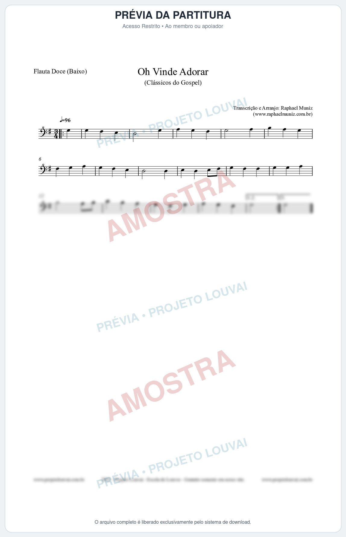 Prévia protegida da primeira página da partitura Partitura para Flauta Doce (Baixo) - Oh Vinde Adorar - HCC nº1 - Clássicos do Gospel