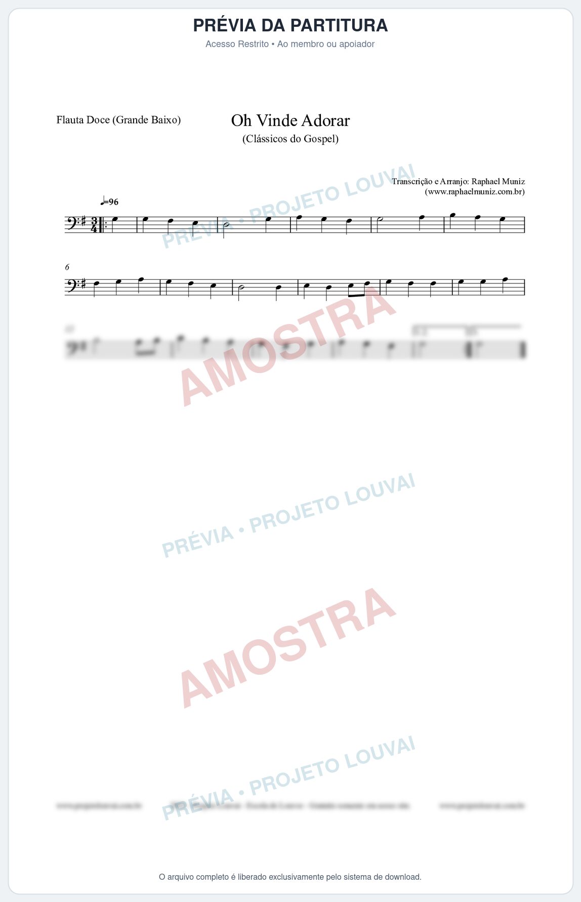 Prévia protegida da primeira página da partitura Partitura para Flauta Doce (Grande Baixo) - Oh Vinde Adorar - HCC nº1 - Clássicos do Gospel