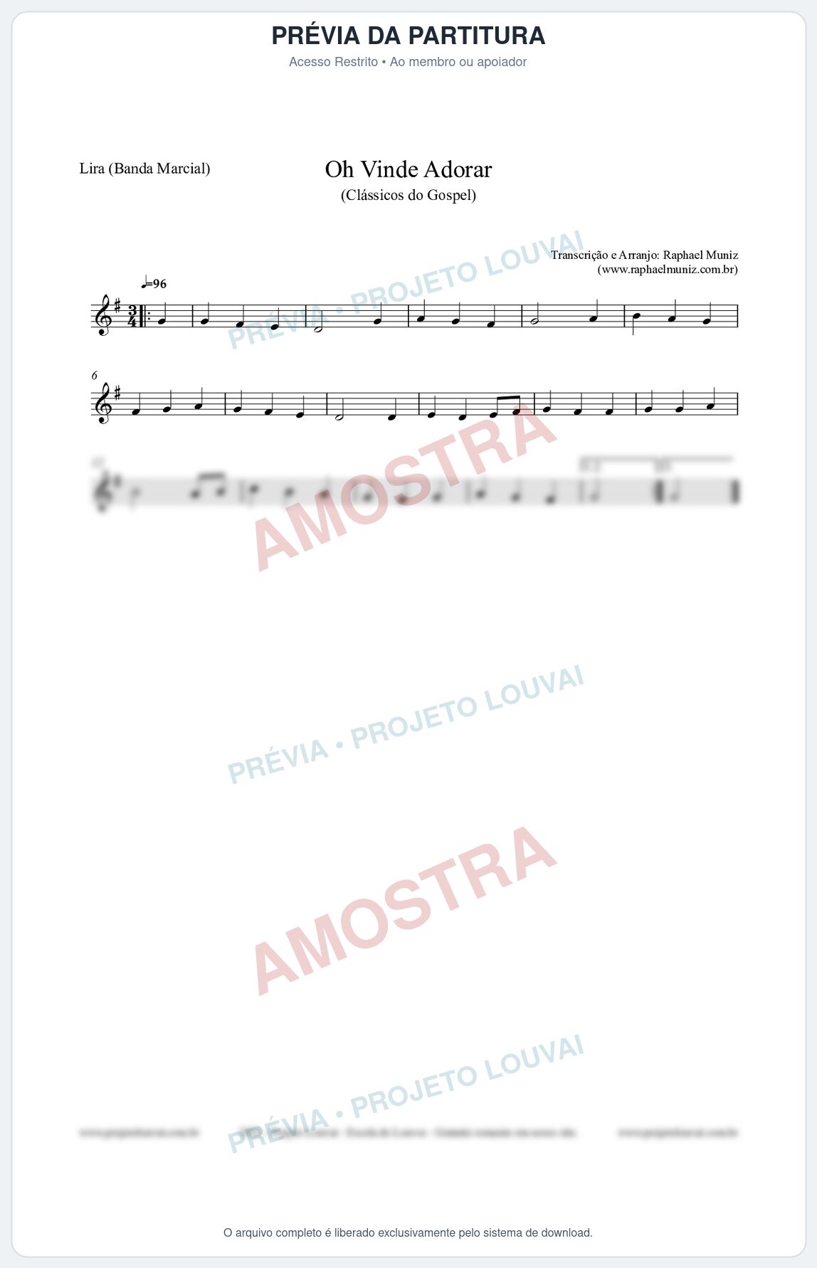 Prévia protegida da primeira página da partitura Partitura para Lira (Banda Marcial) - Oh Vinde Adorar - HCC nº1 - Clássicos do Gospel