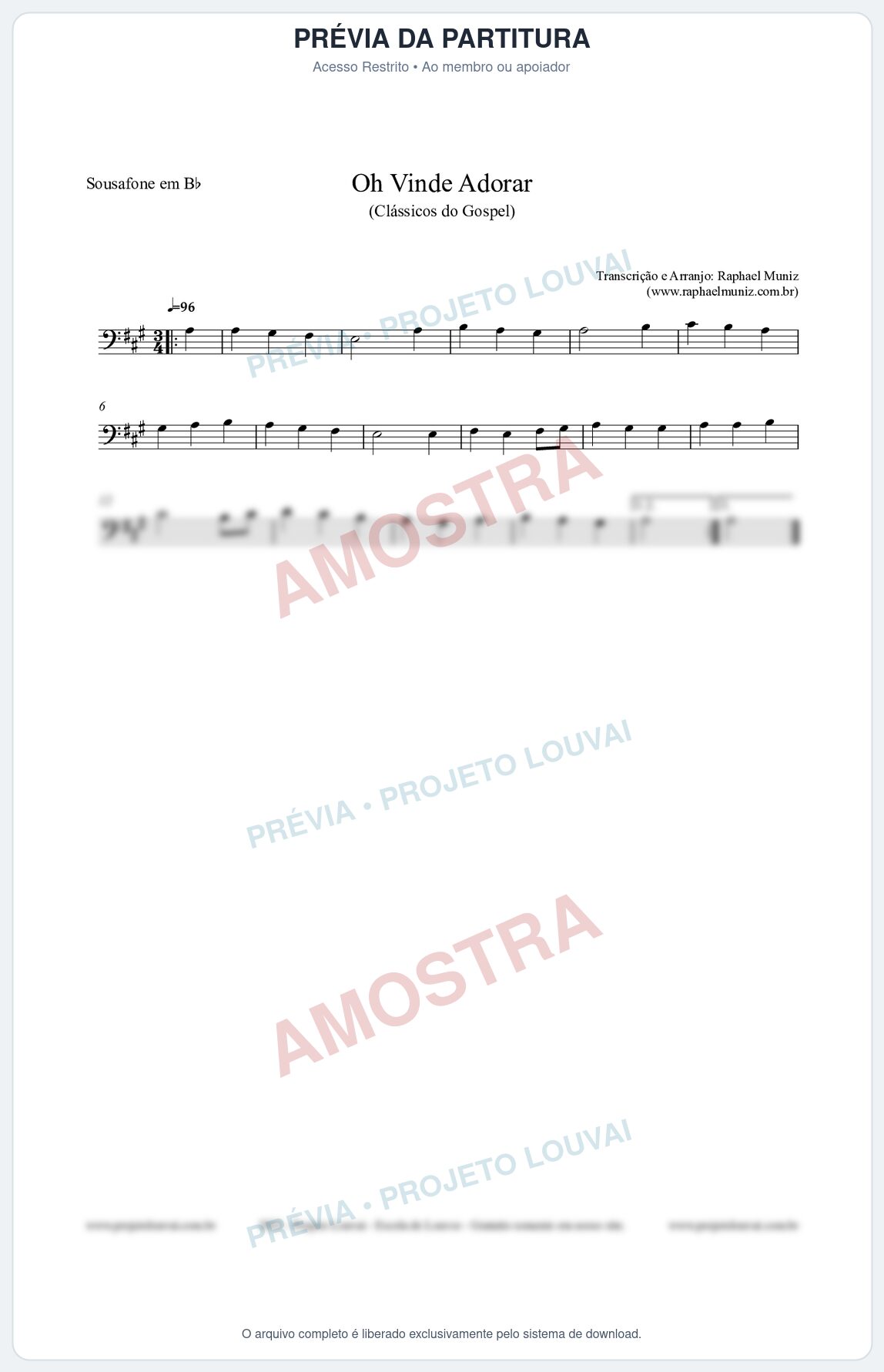 Prévia protegida da primeira página da partitura Partitura para Sousafone em Bb - Oh Vinde Adorar - HCC nº1 - Clássicos do Gospel
