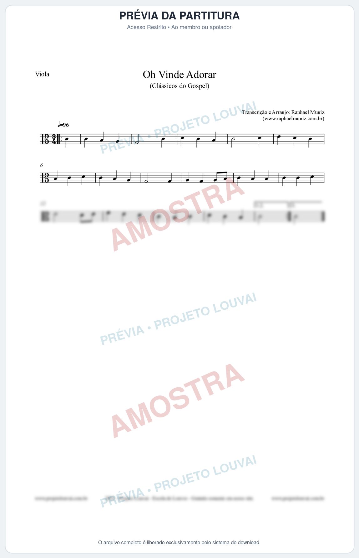 Prévia protegida da primeira página da partitura Partitura para Viola - Oh Vinde Adorar - HCC nº1 - Clássicos do Gospel