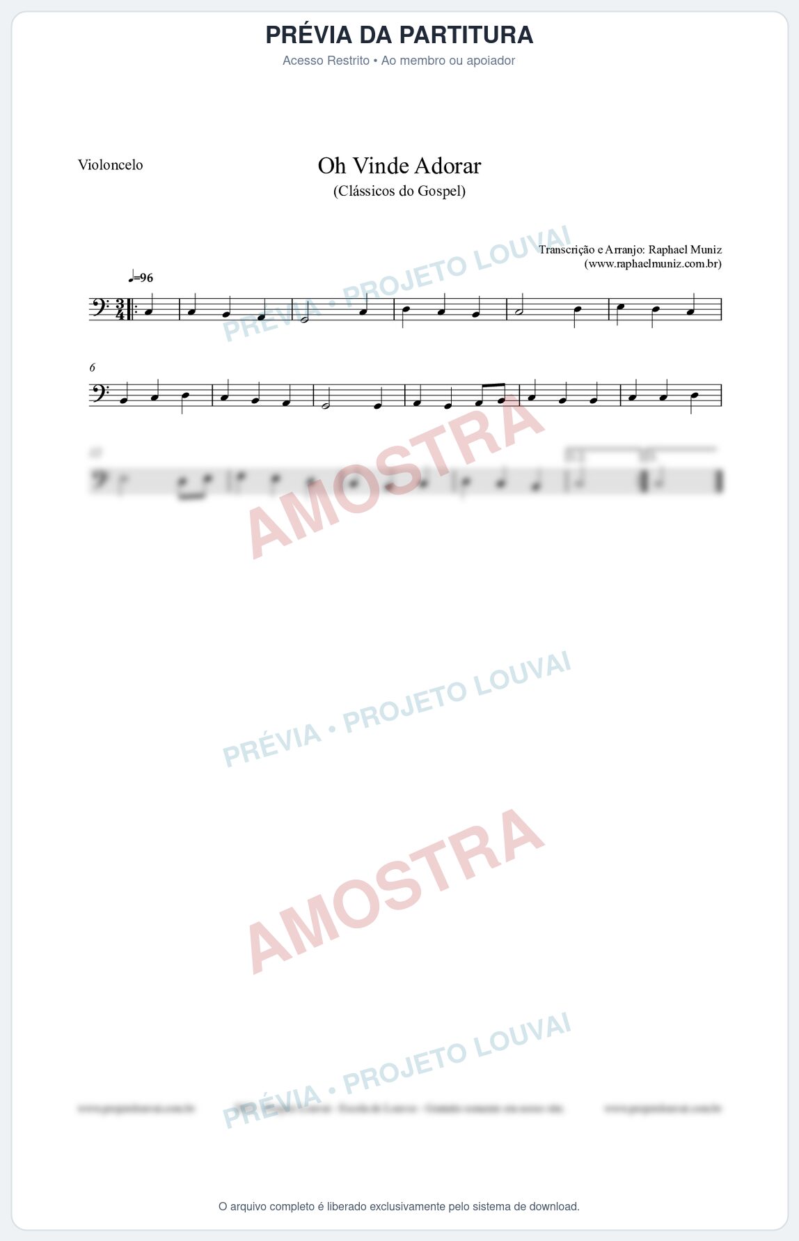 Prévia protegida da primeira página da partitura Partitura para Violoncelo - Oh Vinde Adorar - HCC nº1 - Clássicos do Gospel