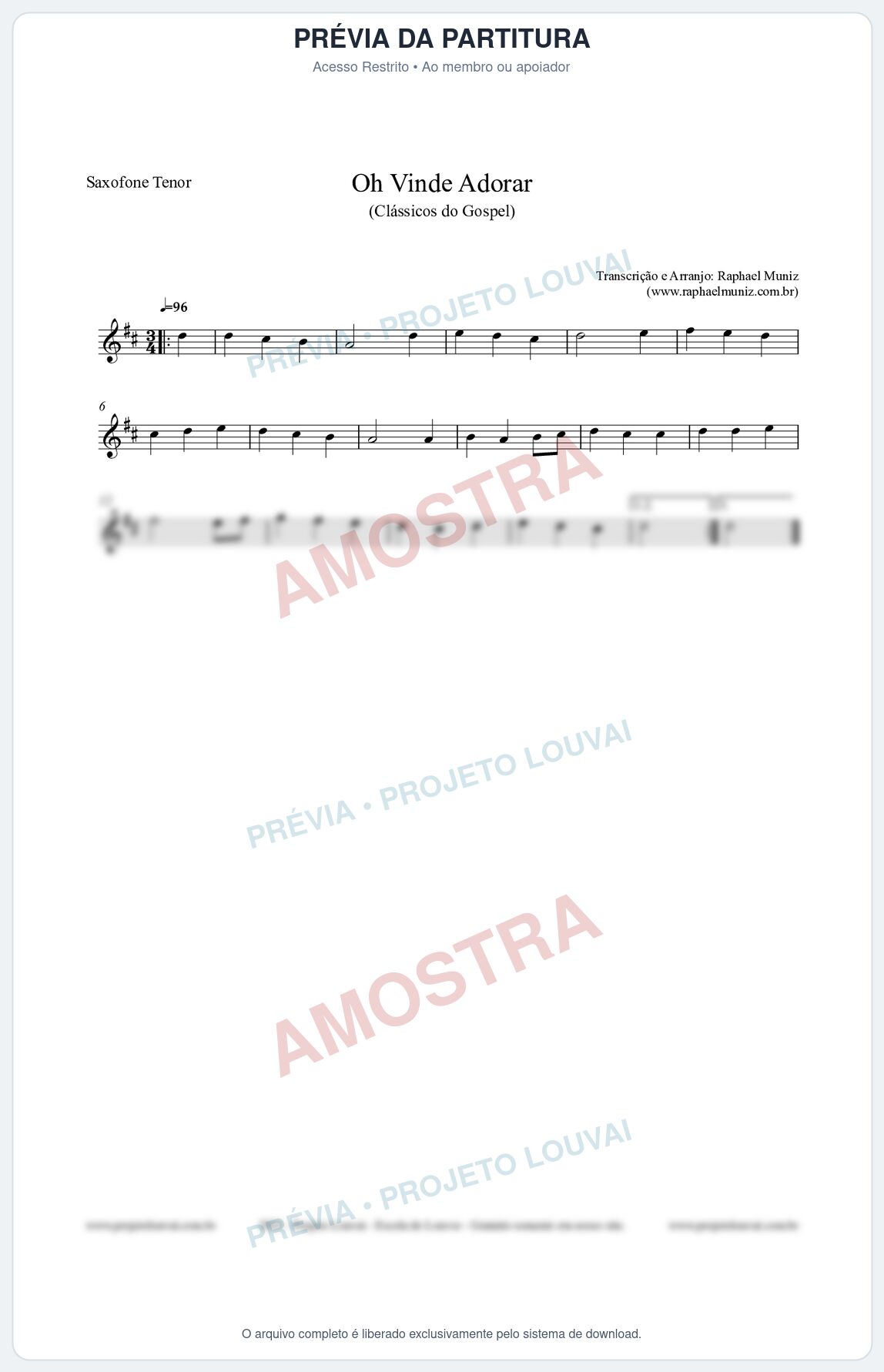 Prévia protegida da primeira página da partitura Partitura para Saxofone Tenor - Oh Vinde Adorar - HCC nº1 - Clássicos do Gospel