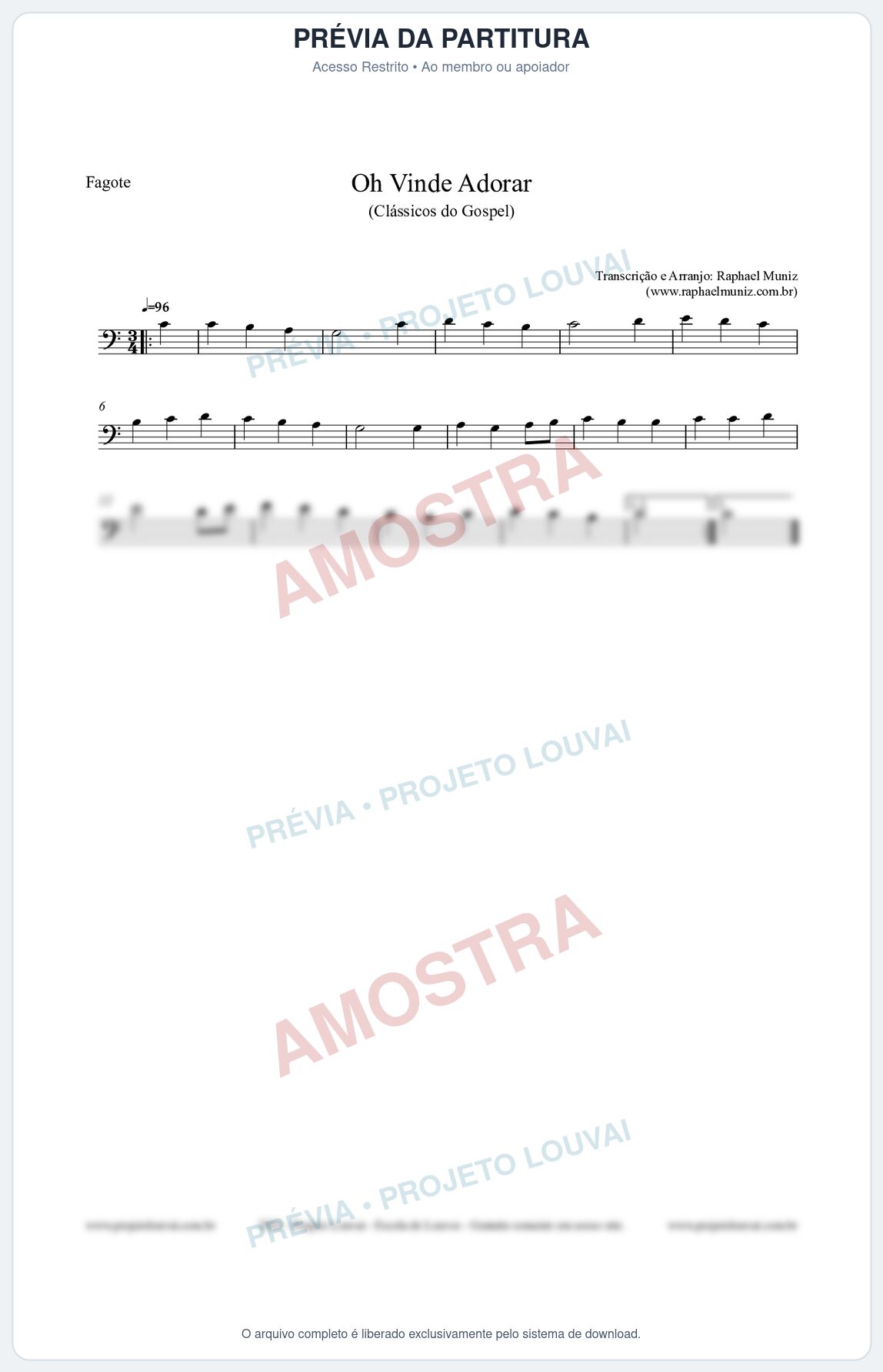 Prévia protegida da primeira página da partitura Partitura para Fagote - Oh Vinde Adorar - HCC nº1 - Clássicos do Gospel