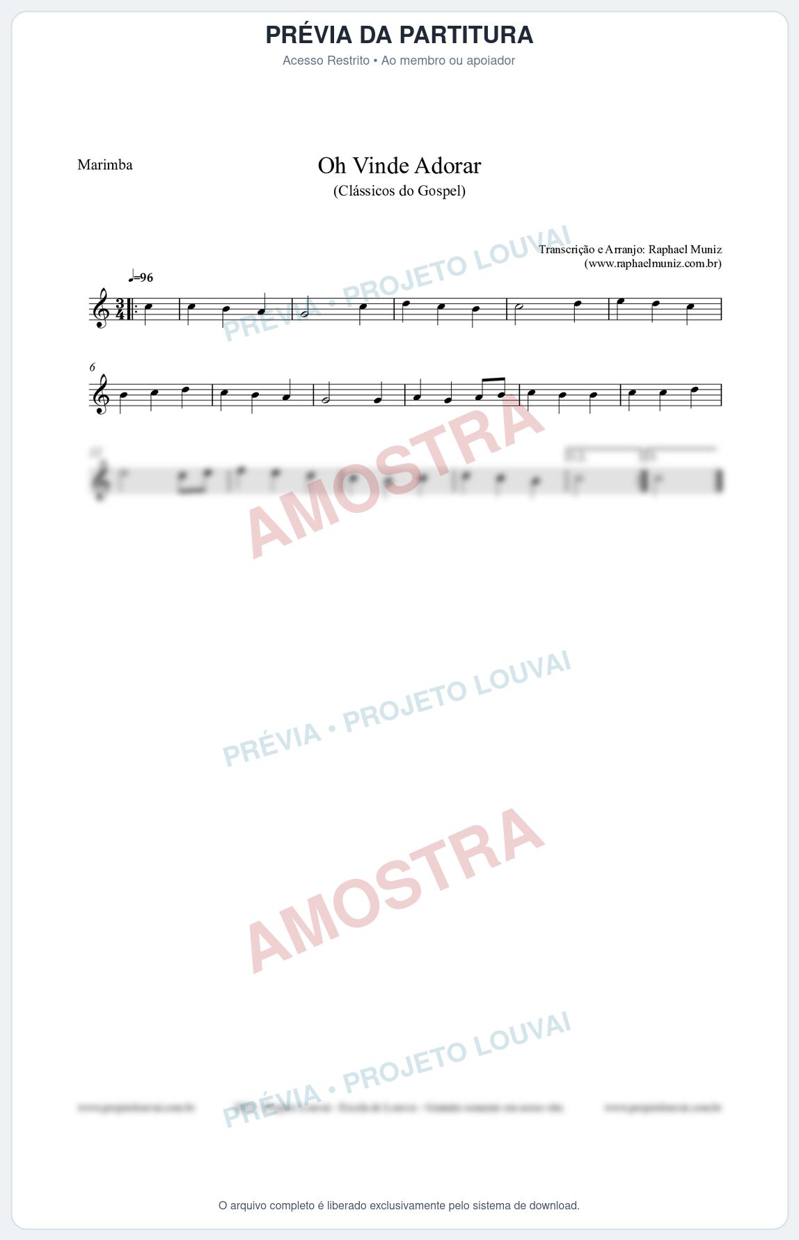 Prévia protegida da primeira página da partitura Partitura para Marimba - Oh Vinde Adorar - HCC nº1 - Clássicos do Gospel
